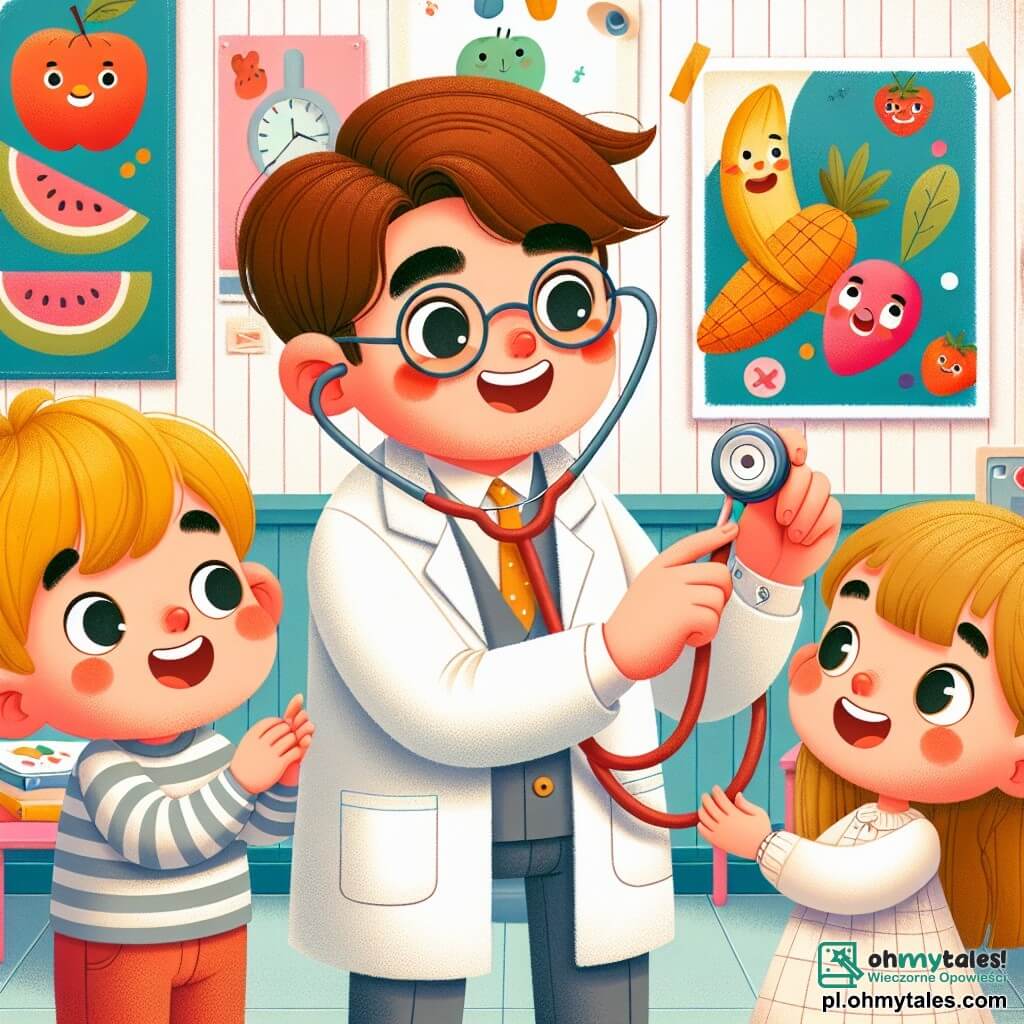 Une illustration sous forme de dessin destinée aux enfants représentant un cabinet médical coloré avec des murs ornés de dessins d'enfants et de posters de fruits et légumes, où un homme souriant en blouse blanche, aux cheveux bruns et aux lunettes rondes, montre un stéthoscope à un garçon aux cheveux blonds et une fille aux cheveux châtains, tous deux émerveillés, alors qu'ils s'amusent à imiter un examen médical, créant une atmosphère joyeuse et ludique.