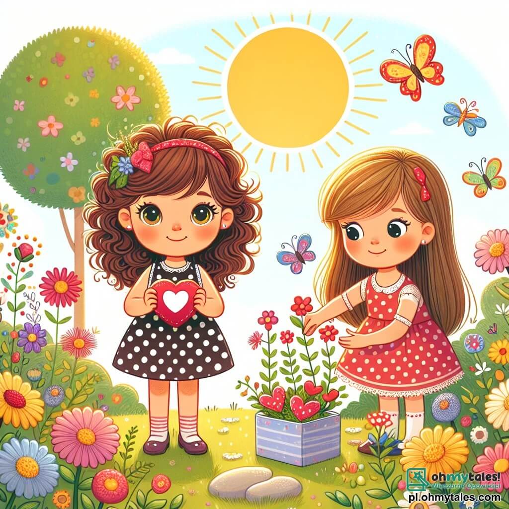 Une illustration sous forme de dessin destinée aux enfants représentant un charmant jardin ensoleillé avec des fleurs colorées et un petit chemin en gravier, où une petite fille de 3 ans aux cheveux bouclés et aux yeux pétillants, vêtue d'une robe à pois, tient un petit cœur en papier rouge dans ses mains, tandis qu'à ses côtés, sa meilleure amie, une autre fille aux cheveux longs et lisses, observe avec curiosité, et toutes deux semblent excitées par leur enquête pour découvrir à qui appartient le cœur, entourées de quelques papillons virevoltant joyeusement autour d'elles.