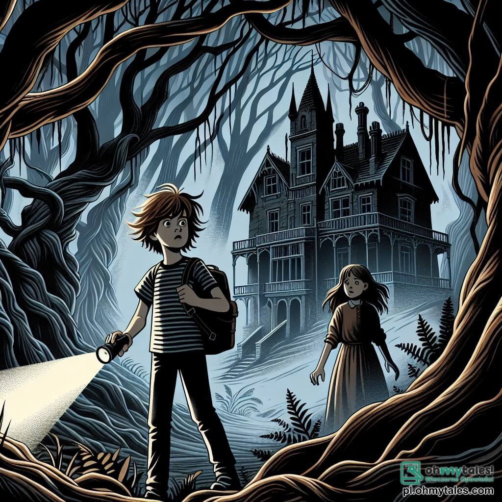 Une illustration sous forme de dessin destinée aux enfants représentant une forêt sombre et mystérieuse, avec des arbres tordus aux branches noueuses, où un garçon de 11 ans aux cheveux châtains en bataille, portant un t-shirt rayé et un sac à dos, se tient au centre, tenant une lampe torche qui éclaire un vieux et effrayant manoir en ruines, tandis qu'une fille de son âge, aux longs cheveux bruns et vêtue d'une robe usée, l'observe avec des yeux pleins d'inquiétude, alors qu'ils découvrent ensemble un ancien secret caché dans l'obscurité, entourés de l'atmosphère inquiétante des bruits de la forêt et des ombres menaçantes.