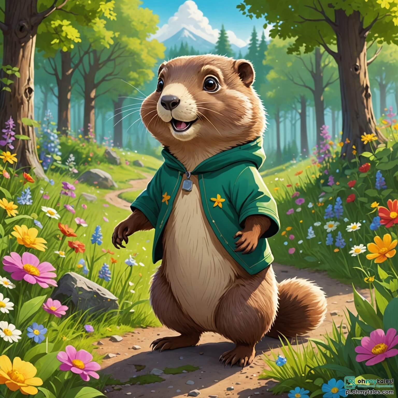 Une illustration destinée aux enfants représentant une petite marmotte espiègle aux yeux pétillants comme des étoiles, se tenant fièrement au milieu d'une clairière ensoleillée, entourée de fleurs colorées dans un écrin de verdure, tandis qu'elle s'apprête à partir à l'aventure à travers un mystérieux et enchanté bois, où elle rencontrera des amis comme une vives écureuil et une joyeuse grenouille, tous unis par leur désir de découvrir les secrets cachés derrière un majestueux et scintillant rideau d'eau qui dissimule un ancien château rempli de trésors et de magie.