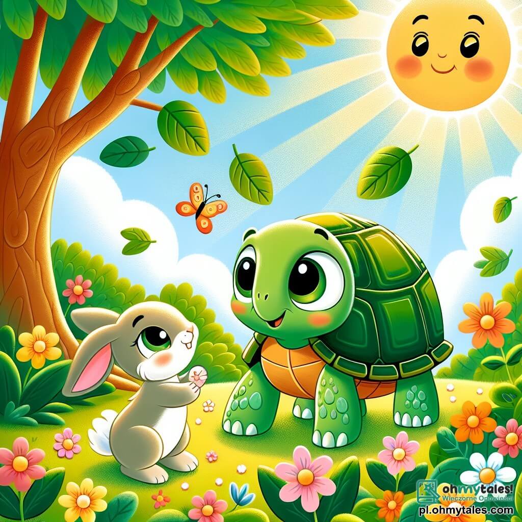 Une illustration destinée aux enfants représentant une petite tortue courageuse, avec une carapace verte brillante et des yeux pétillants de curiosité, qui se retrouve dans une clairière ensoleillée entourée de fleurs colorées et de grands arbres aux feuilles dansantes, prête à participer à un joyeux festin avec un joyeux petit lapin espiègle, tout en découvrant l'amitié et la magie d'une journée merveilleuse.