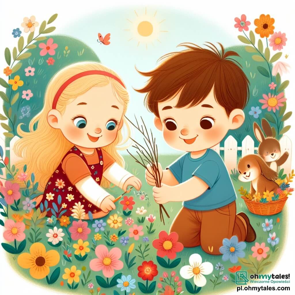 Une illustration sous forme de dessin destinée aux enfants représentant un jardin en pleine floraison au printemps, avec un garçon de 3 ans aux cheveux blonds et aux yeux pétillants, portant une petite casquette rouge, qui s'amuse à ramasser des fleurs colorées, tandis qu'une fille aux cheveux longs et bruns, vêtue d'une robe à fleurs, l'observe avec un sourire joyeux, et un autre garçon aux cheveux châtains et en t-shirt bleu, qui s'apprête à construire un szałas avec des branches, le tout baigné dans une lumière douce et ensoleillée, évoquant la joie et l'amitié.