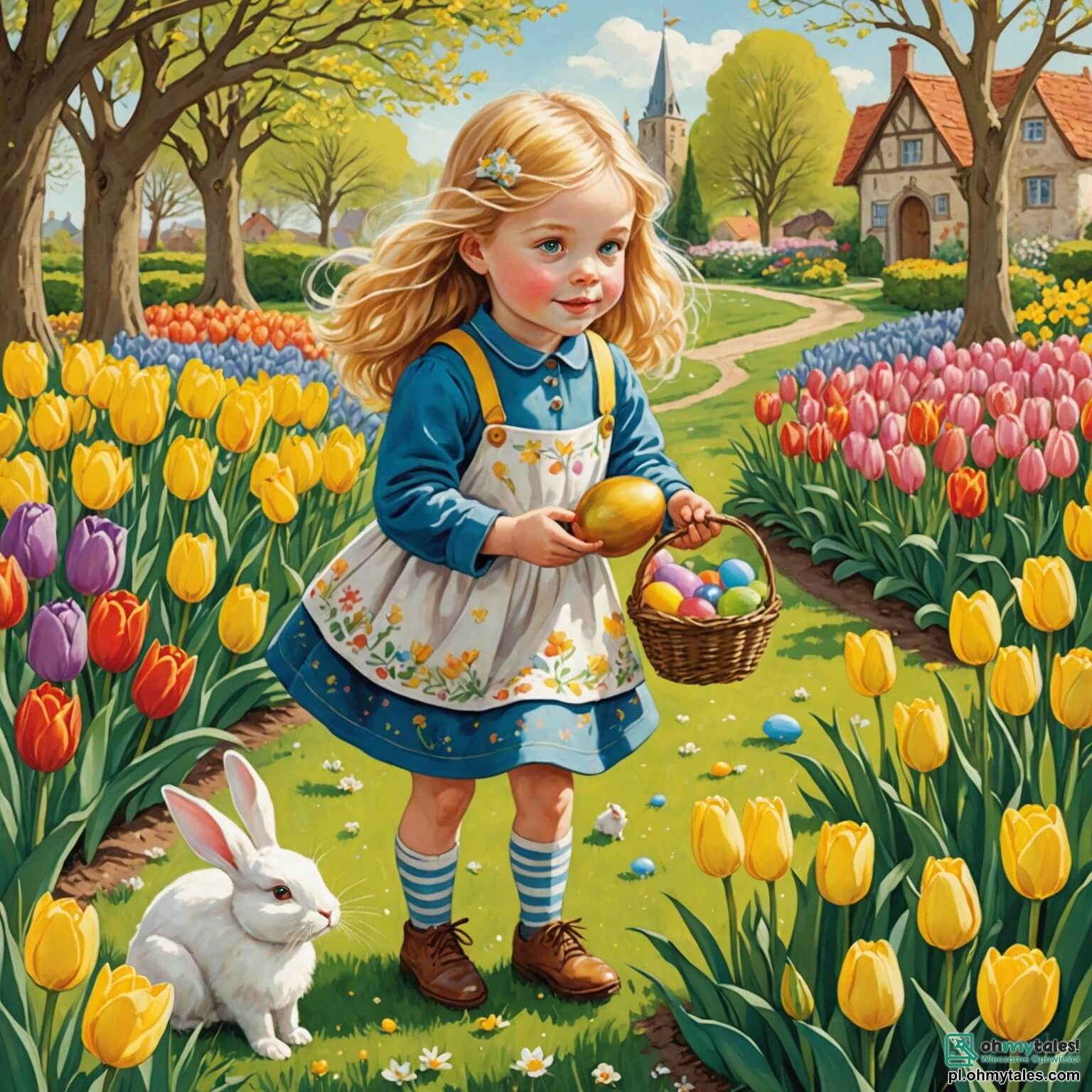 Une illustration destinée aux enfants représentant une petite fille aux cheveux dorés et aux yeux pétillants, pleine de curiosité et d'enthousiasme, se tenant dans un jardin vibrant de couleurs où les tulipes et les jonquilles dansent sous la douce brise printanière, alors qu'elle s'emploie à peindre des œufs de Pâques aux motifs éclatants, entourée d'un petit lapin blanc aux grandes oreilles et au pelage soyeux, qui l'aide à retrouver un œuf magique perdu, le tout baigné par la lumière dorée du soleil qui illumine le ciel bleu parsemé de nuages cotonneux.