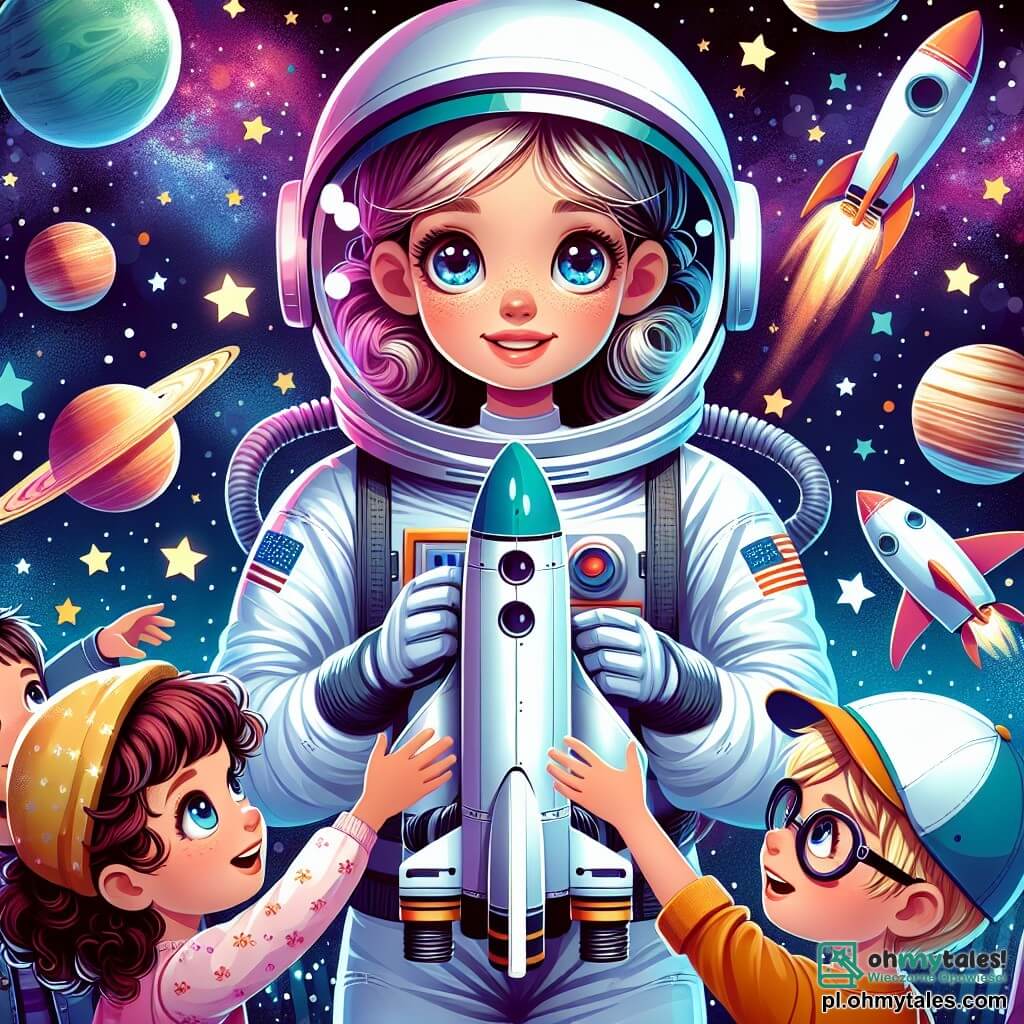 Une illustration sous forme de dessin destinée aux enfants représentant un vaste ciel étoilé avec des planètes colorées en arrière-plan, au premier plan, une femme astronaute souriante avec un casque brillant et un scaphandre épais, tenant une maquette de fusée, entourée de trois enfants : une petite fille aux cheveux bouclés et aux yeux pétillants qui touche le scaphandre avec émerveillement, un garçon aux lunettes et à la casquette qui lève la main en s'exclamant, et un autre garçon aux cheveux blonds qui regarde la maquette avec fascination, capturant l'instant où ils rêvent ensemble de voyager dans l'espace.