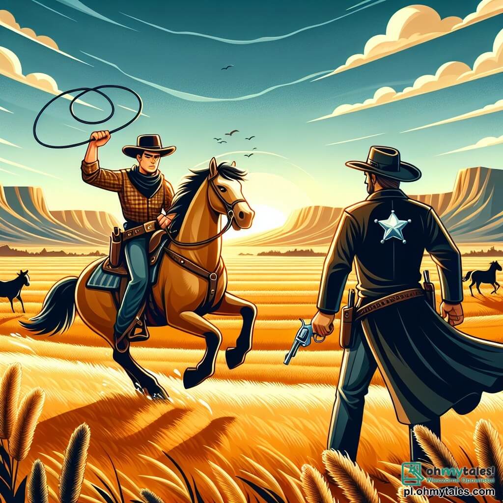 Une illustration sous forme de dessin destinée aux enfants représentant un vaste paysage de prairies dorées sous un ciel bleu éclatant, avec un homme courageux au chapeau de cowboy et à la chemise à carreaux, monté sur un cheval brun, brandissant un lasso pour capturer un voleur de bétail, tandis qu'un shérif robuste, vêtu d'un manteau sombre et portant une étoile argentée sur la poitrine, observe attentivement la scène, prêt à intervenir, le tout baigné dans la lumière chaude du soleil couchant qui illumine la scène d'une ambiance héroïque et pleine d'aventure.