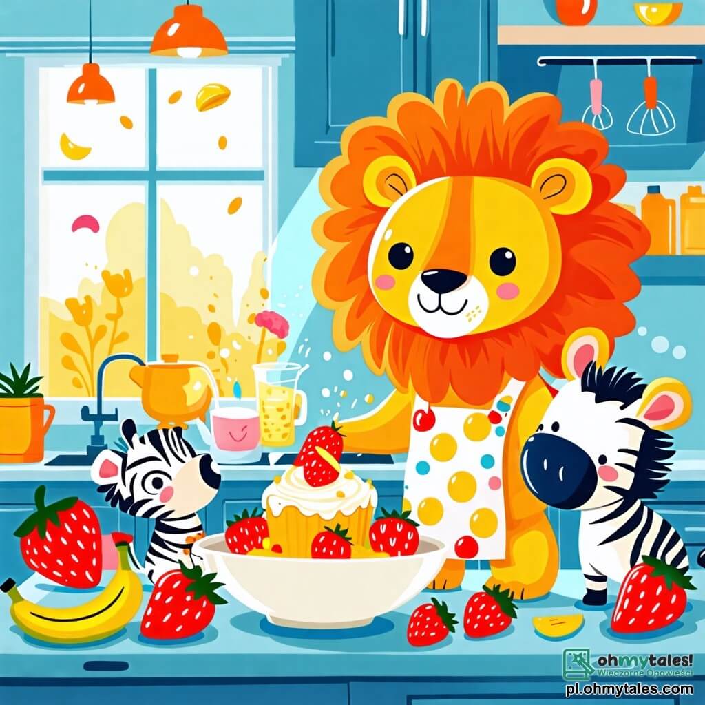 Une illustration sous forme de dessin destinée aux enfants représentant une cuisine colorée et ensoleillée, où un lion aux grandes pattes et à la crinière dorée, portant un tablier à pois, mélange joyeusement une pâte à gâteau dans un grand bol, tandis qu'à ses côtés, une petite zebra aux rayures noires et blanches, avec un grand sourire, ajoute des tranches de banane et des fraises, le tout dans une ambiance ludique et amusante, alors qu'un gâteau moelleux s'élève mystérieusement du four, prêt à faire rire les deux amis.