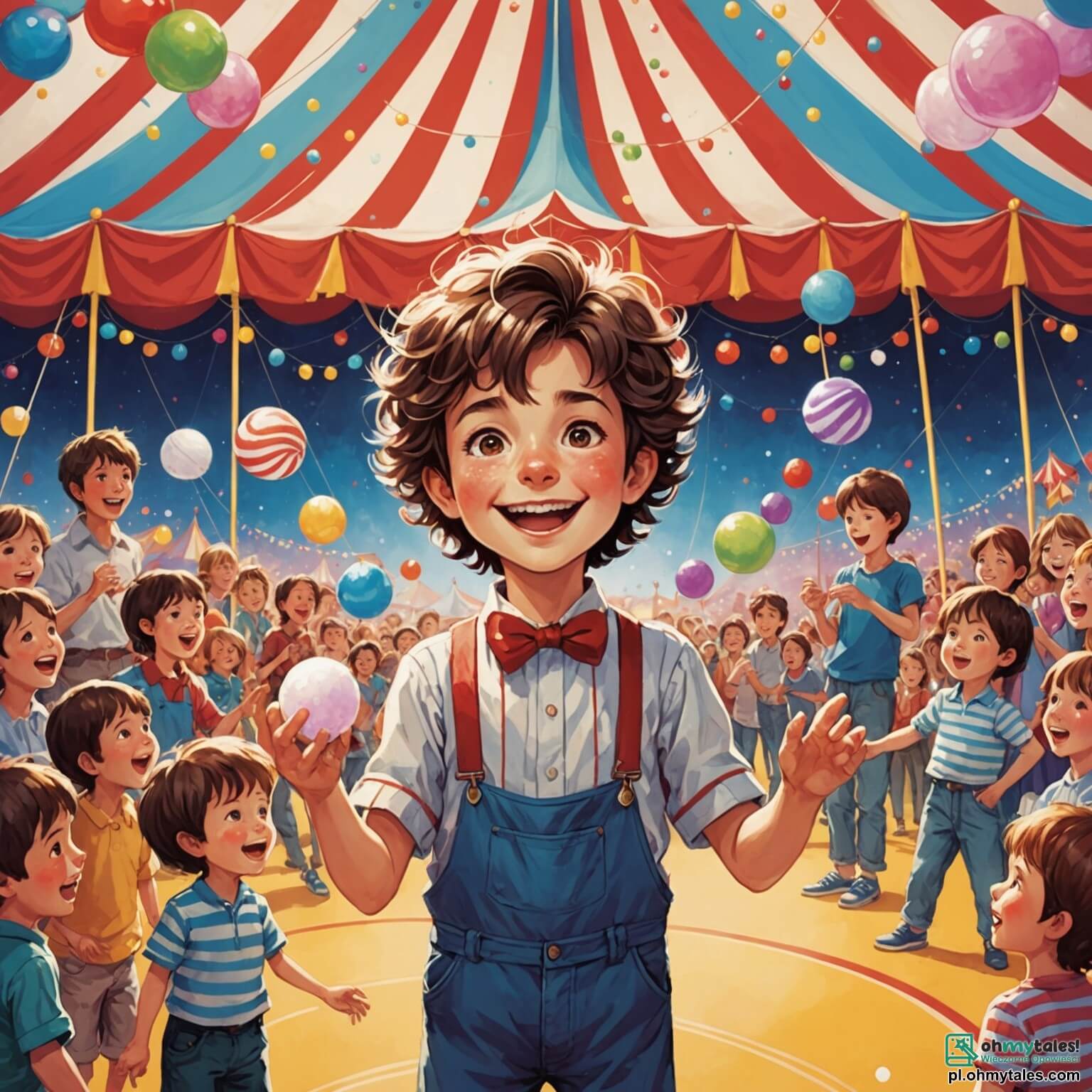 Une illustration destinée aux enfants représentant un garçon aux yeux pétillants et aux cheveux en bataille, jonglant avec des balles colorées sous un grand chapiteau de cirque aux rayures rouges et blanches, où des lumières scintillantes dansent sur des visages émerveillés, tandis qu'une maman bienveillante l'encourage depuis le premier rang, entourée de l'odeur sucrée de la barbe à papa et du bruit joyeux des rires d'enfants.