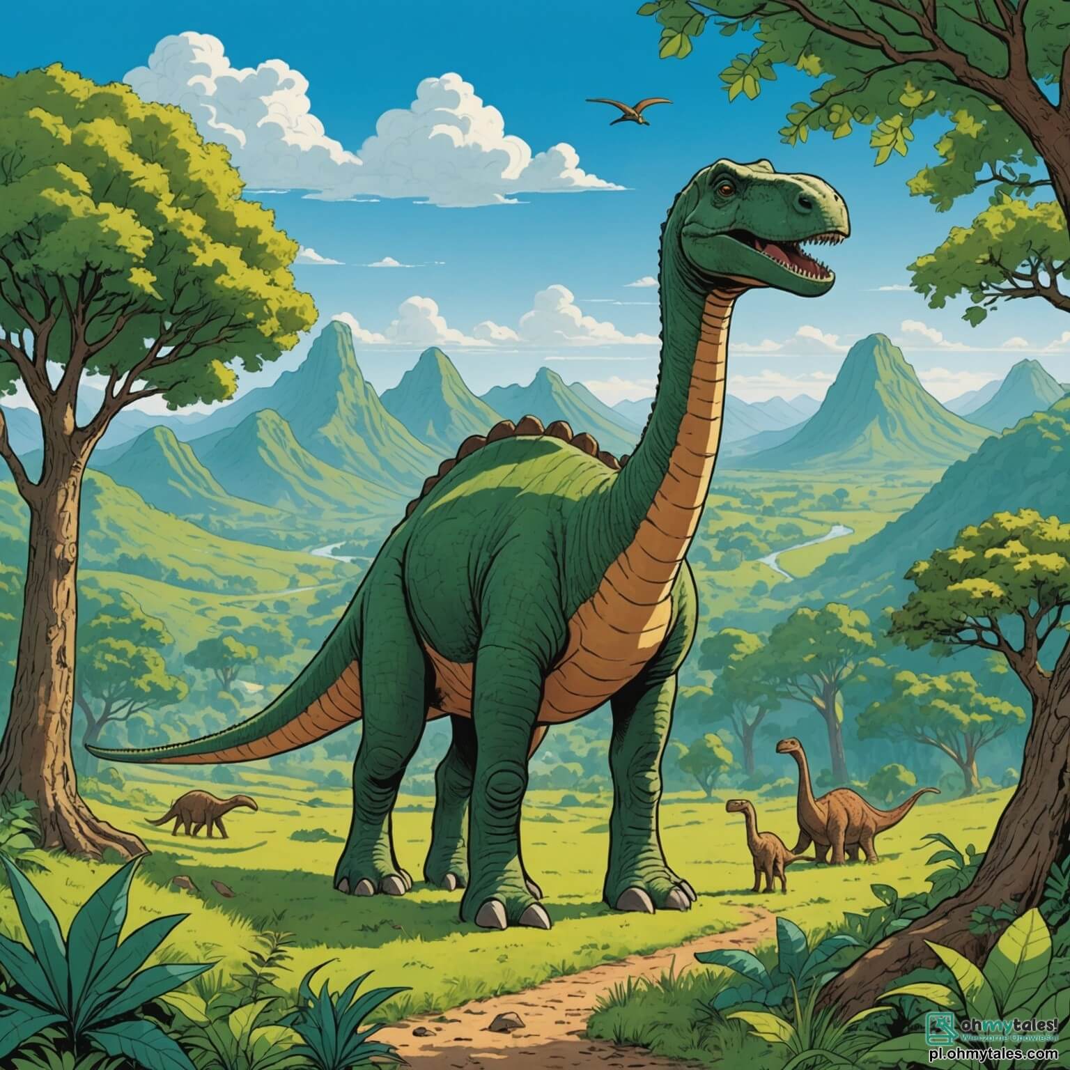 Une illustration destinée aux enfants représentant un majestueux diplodocus à la longue cou, se dressant fièrement au milieu d'une vaste vallée verdoyante, où des arbres aux troncs épais et feuillages luxuriants s'élèvent vers le ciel azur, tandis qu'un petit triceratops curieux et un imposant tyrannosaure, au regard amical, l'entourent, tous trois partageant un moment de camaraderie et d'aventure en quête de délicieuses feuilles à déguster sous le doux soleil d'une époque révolue, où les rires et les cris joyeux résonnent à travers les collines.