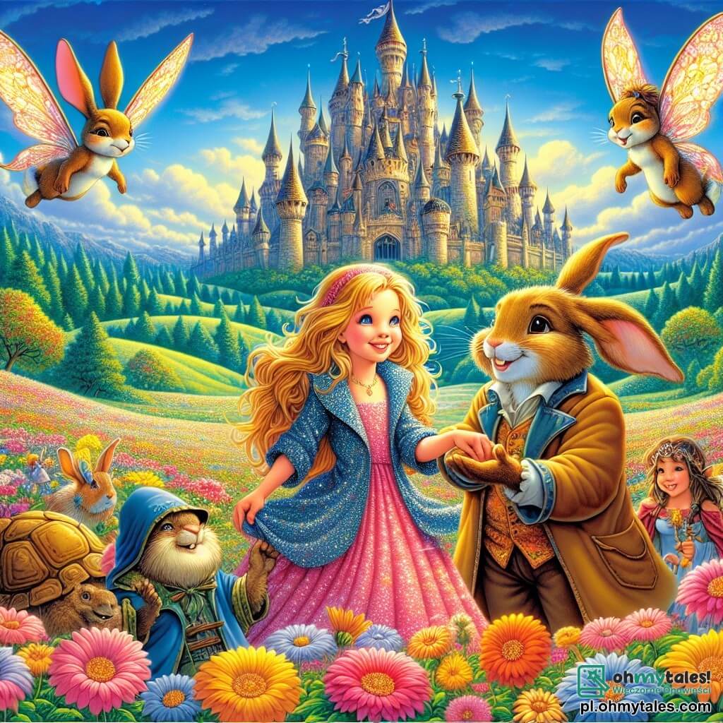 Une illustration sous forme de dessin destinée aux enfants représentant une vaste prairie enchantée, parsemée de fleurs colorées et d'un grand château flottant dans le ciel, où une jeune fille aux longs cheveux dorés, vêtue d'une robe scintillante, sourit joyeusement en tenant la main d'un grand lapin en veste, tandis qu'un sage vieux tortue et une petite fée aux ailes brillantes les observent avec bienveillance, tous réunis pour célébrer un festival de l'amitié et de l'harmonie dans leur monde magique.