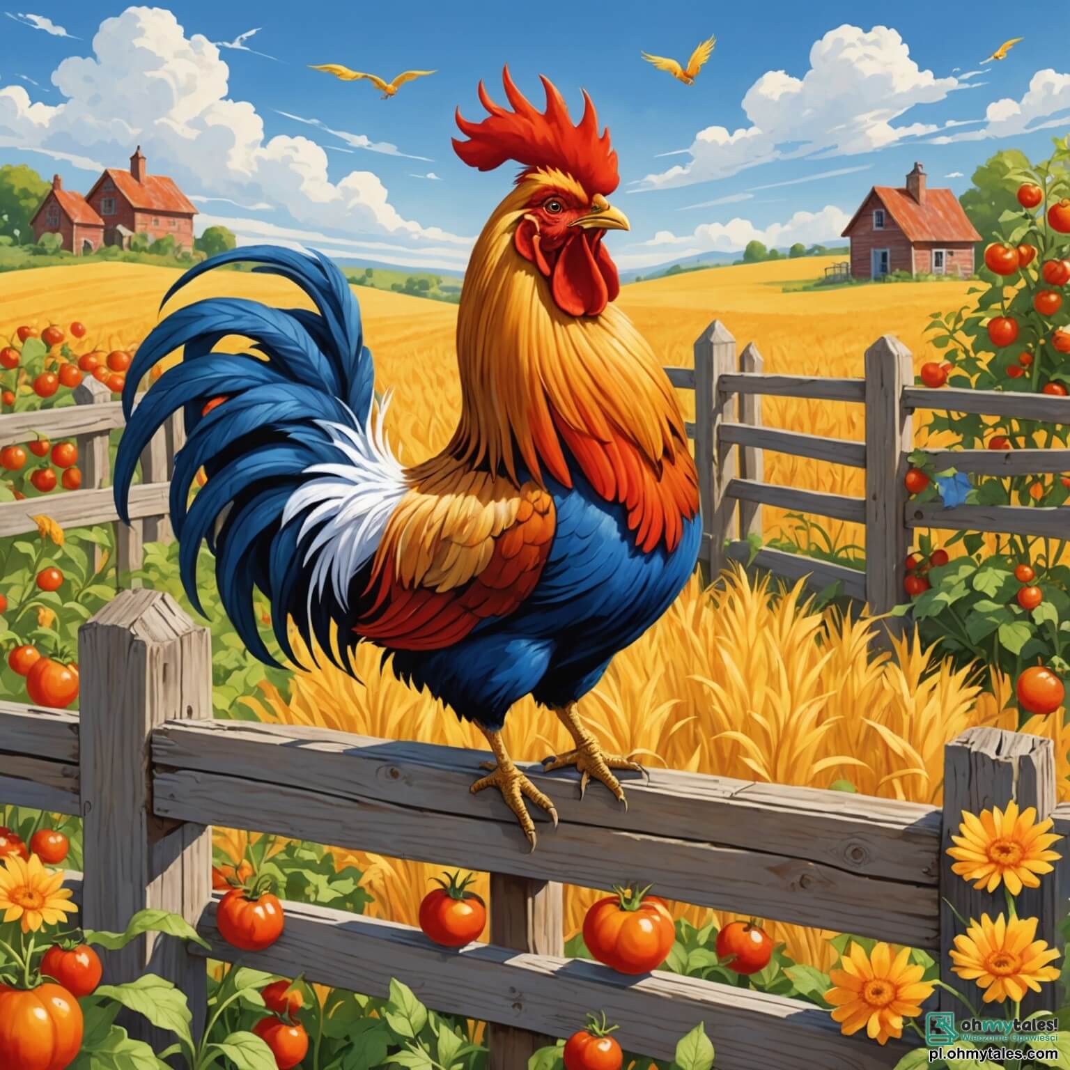 Une illustration destinée aux enfants représentant un coq flamboyant aux plumes dorées, chantant joyeusement sur une vieille barrière en bois, entouré de champs de blé doré ondulant sous le vent, tandis qu'une petite poule rousse, sa fidèle amie, picore des graines près d'un potager coloré rempli de tomates rouges et de carottes orange, le tout sous un ciel bleu parsemé de nuages cotonneux.