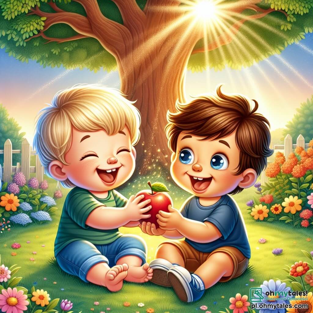 Une illustration sous forme de dessin destinée aux enfants représentant un jardin ensoleillé avec des fleurs colorées et un grand arbre, où un petit garçon de 18 mois aux cheveux blonds et aux yeux pétillants, assis sur l'herbe, sourit joyeusement en partageant un morceau de pomme avec un autre garçon aux cheveux bruns, portant un T-shirt bleu, tous deux riant ensemble, illustrant ainsi la magie de l'amitié et le bonheur de jouer et de partager.