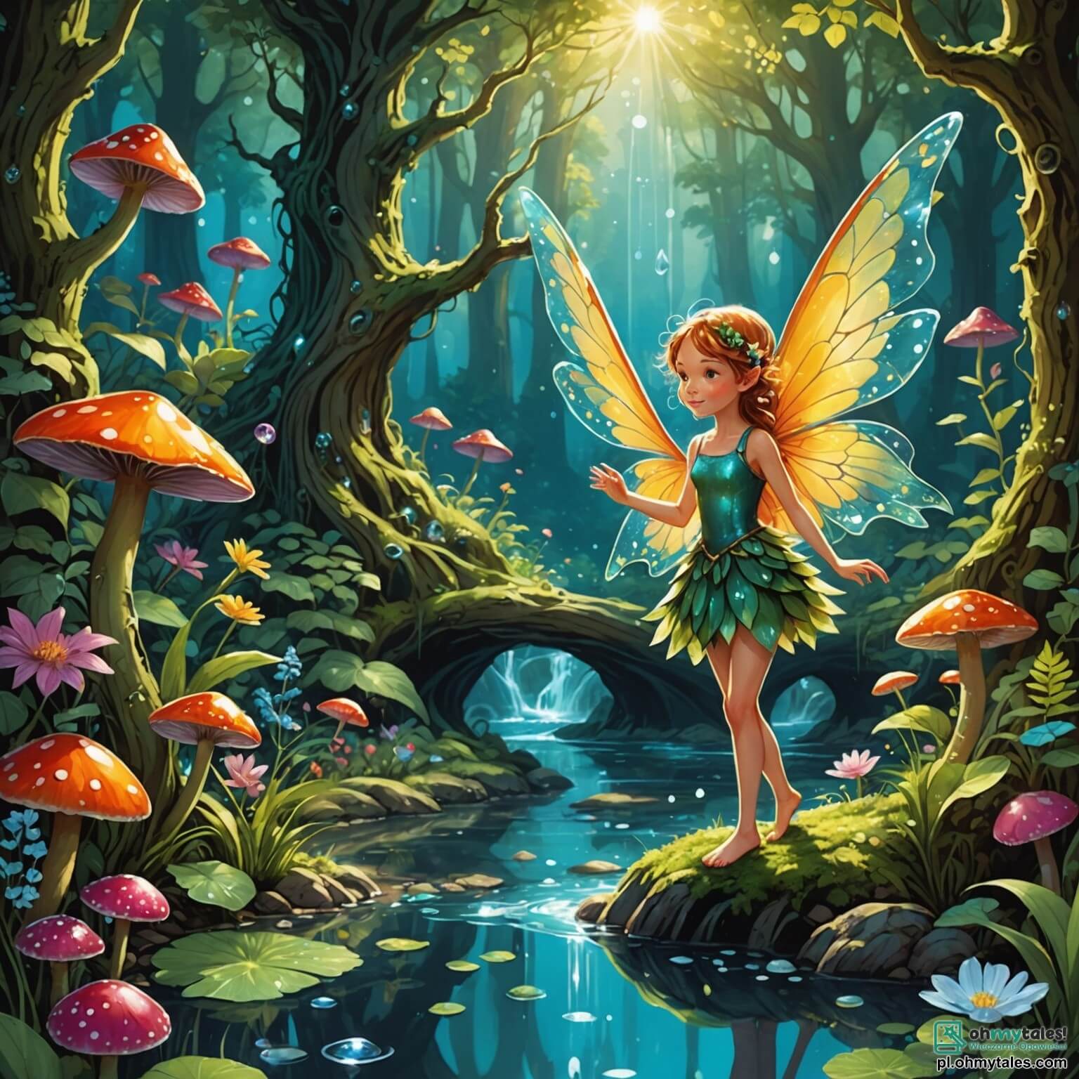 Une illustration destinée aux enfants représentant une lutin aux ailes scintillantes comme des gouttes de rosée, dans un monde enchanté où les fleurs géantes aux couleurs vives dansent sous la lumière du soleil, se retrouve face à un petit dragon aux écailles étincelantes qui pleure, alors qu'ils se trouvent au bord d'un ruisseau aux eaux cristallines, entouré de grands arbres aux troncs noueux et de champignons lumineux qui illuminent la forêt magique.