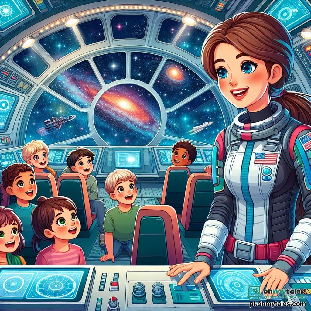 Une illustration sous forme de dessin destinée aux enfants représentant l'intérieur de la stazione spatiale "Nouvelle Aventure", avec une femme pilote aux longs cheveux bruns attachés en queue de cheval, portant une combinaison spatiale colorée et souriante, montrant aux enfants, un groupe de garçons et de filles aux yeux brillants et aux visages émerveillés, comment préparer leur vaisseau pour une mission d'exploration, entourés de panneaux de contrôle futuristes et de vues spectaculaires sur l'espace étoilé à travers de grandes fenêtres.