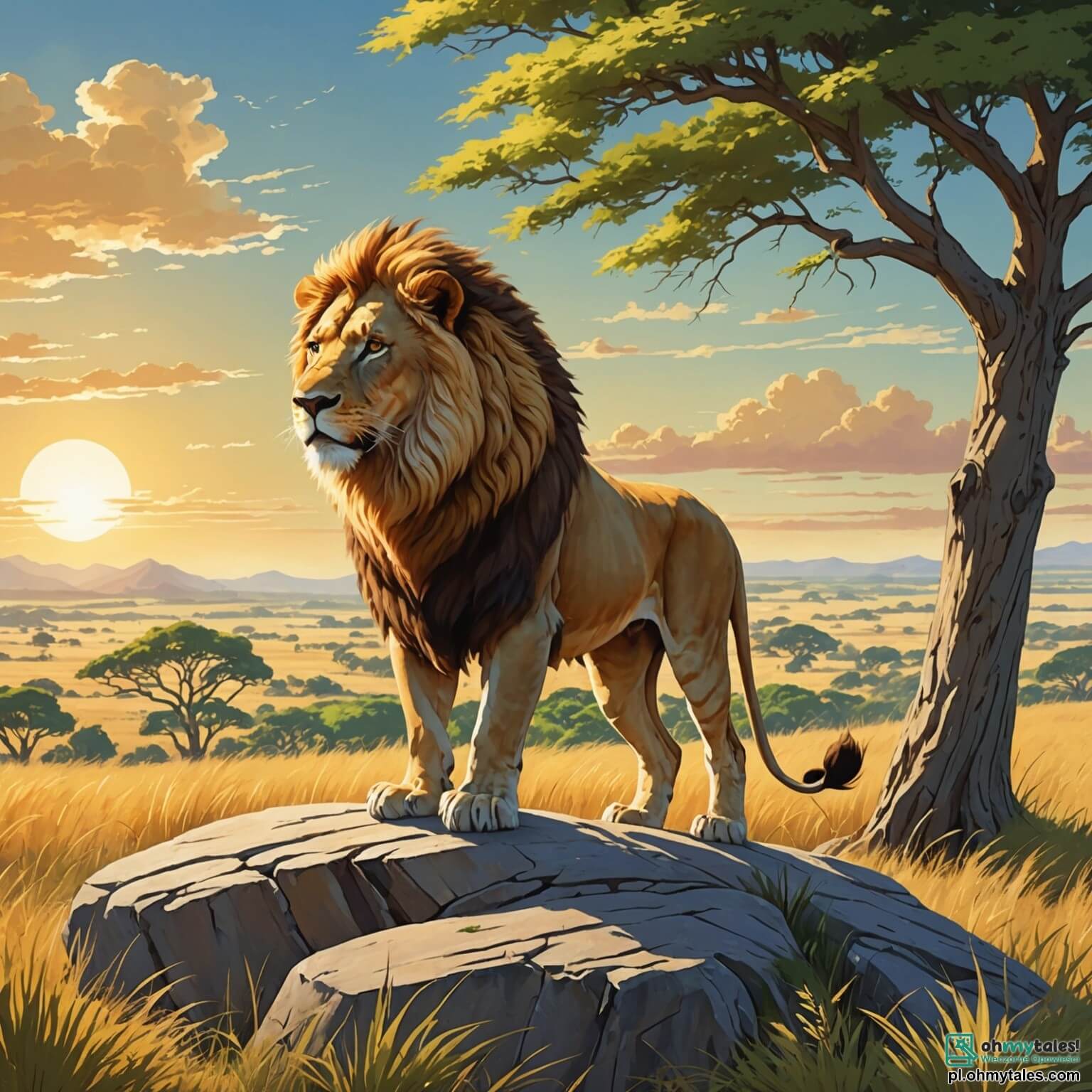 Une illustration destinée aux enfants représentant un majestueux lion mâle au pelage doré scintillant sous le soleil brûlant de la savane africaine, se tenant fièrement sur une grande roche surplombant un paysage vibrant de couleurs, où des herbes hautes dansent au gré du vent et où des acacias aux feuilles vertes s'étendent à l'infini, tandis qu'il fait face à une petite zebra femelle, tremblante de peur, qui lui raconte l'histoire d'un terrible monstre qui vole leur nourriture, entourée de ses amis, un sage éléphant mâle à la peau grise et rugueuse, et une joyeuse girafe femelle aux taches dorées, tous réunis dans ce tableau vivant, cherchant ensemble une solution pour surmonter leur peur et restaurer l'harmonie dans leur royaume sauvage.