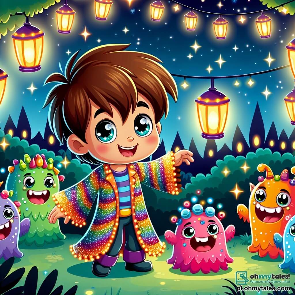 Une illustration sous forme de dessin destinée aux enfants représentant une clairière enchantée illuminée par des lampions colorés et des étoiles scintillantes dans un ciel nocturne, où un garçon de 7 ans aux cheveux bruns et aux yeux pétillants, vêtu d'un costume Halloween coloré orné de brillants, danse joyeusement avec des petits monstres aux formes amusantes et aux couleurs vives, tandis qu'un groupe de joyeux fantômes flottent autour d'eux, tous riant et célébrant ensemble la magie d'Halloween.