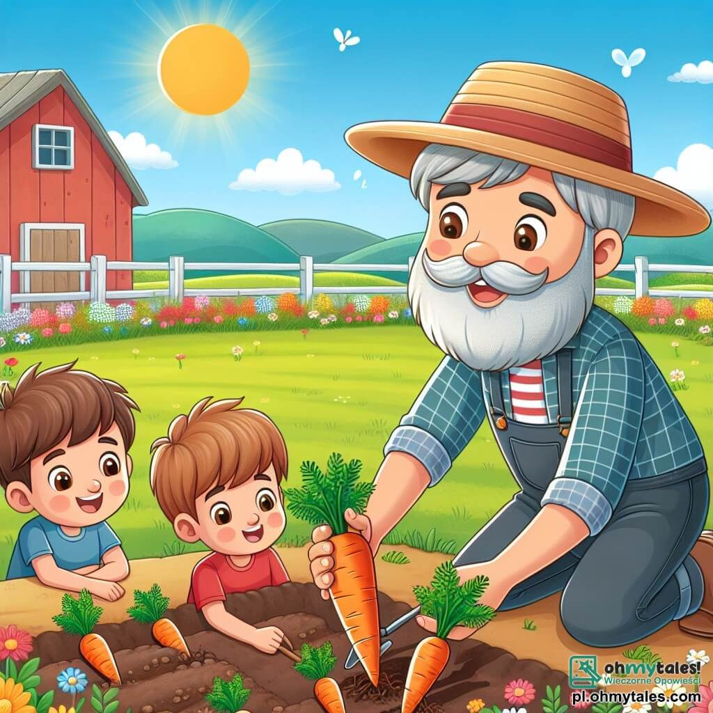 Une illustration sous forme de dessin destinée aux enfants représentant une ferme ensoleillée avec des champs verdoyants et des fleurs colorées, où un homme à la barbe grise et au sourire chaleureux, vêtu d'une chemise à carreaux et d'un chapeau de paille, est en train de planter des graines de carottes dans le sol, tandis que deux garçons aux cheveux bruns, l'un portant un t-shirt rouge et l'autre un bleu, l'observent avec émerveillement et impatience, rêvant de devenir agriculteurs et de découvrir la magie des légumes qui poussent.
