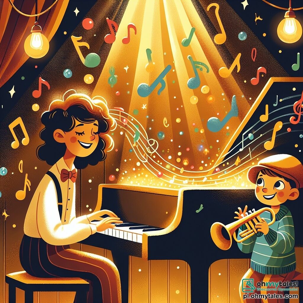 Une illustration sous forme de dessin destinée aux enfants représentant un petit club de jazz chaleureux avec des lampes dorées, où une femme aux longs cheveux bouclés et au sourire éclatant joue du piano, entourée d'un jeune garçon aux yeux brillants, tenant une petite trompette, tous deux captivés par la magie de la musique, tandis que des notes colorées flottent dans l'air, créant une atmosphère joyeuse et inspirante.
