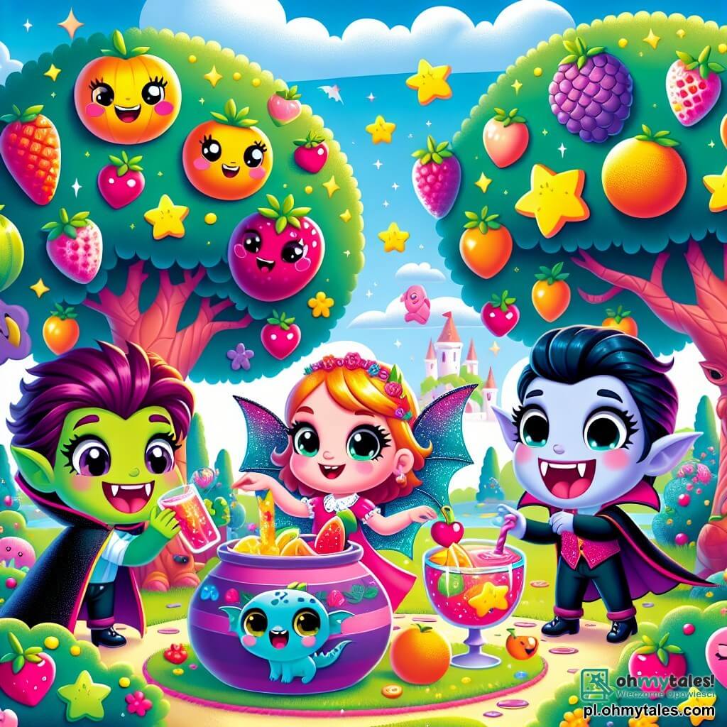 Une illustration sous forme de dessin destinée aux enfants représentant un magnifique jardin enchanté aux couleurs vives, avec des arbres aux fruits en forme d'étoiles et de cœurs, où une jeune vampire aux ailes violettes scintillantes, souriante et joyeuse, prépare un délicieux cocktail de fruits, entourée de son meilleur ami, un petit dragon bleu aux yeux pétillants qui vole autour d'elle, et d'un vampire comique avec de grandes dents, tous trois riant ensemble en partageant des fruits colorés, symbolisant l'amitié et la découverte de nouvelles saveurs.