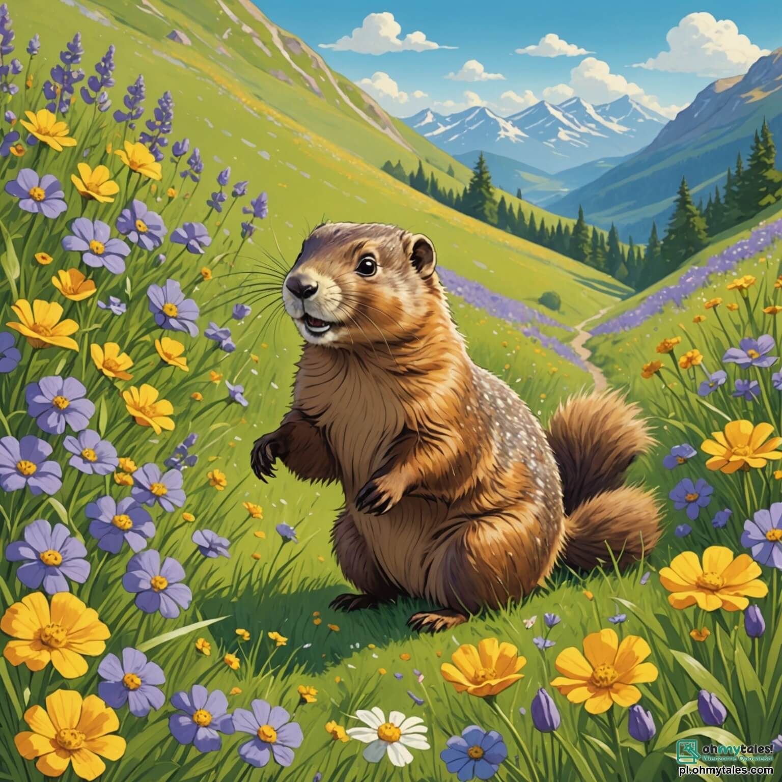 Une illustration destinée aux enfants représentant une petite marmotte aux yeux pétillants et au pelage doré, joyeusement en train de gambader à travers un vaste et verdoyant pré parsemé de fleurs colorées, où le doux parfum des violettes et des marguerites flotte dans l'air, tandis qu'elle est accompagnée de son ami le lapin aux grandes oreilles, qui bondit à ses côtés, tous deux explorant ensemble les merveilles de la nature sous le ciel bleu azur, à la recherche d'un endroit magique pour jouer et s'amuser, entourés de majestueux arbres aux feuilles bruissantes et d'un scintillant ruisseau serpentant à travers le paysage.