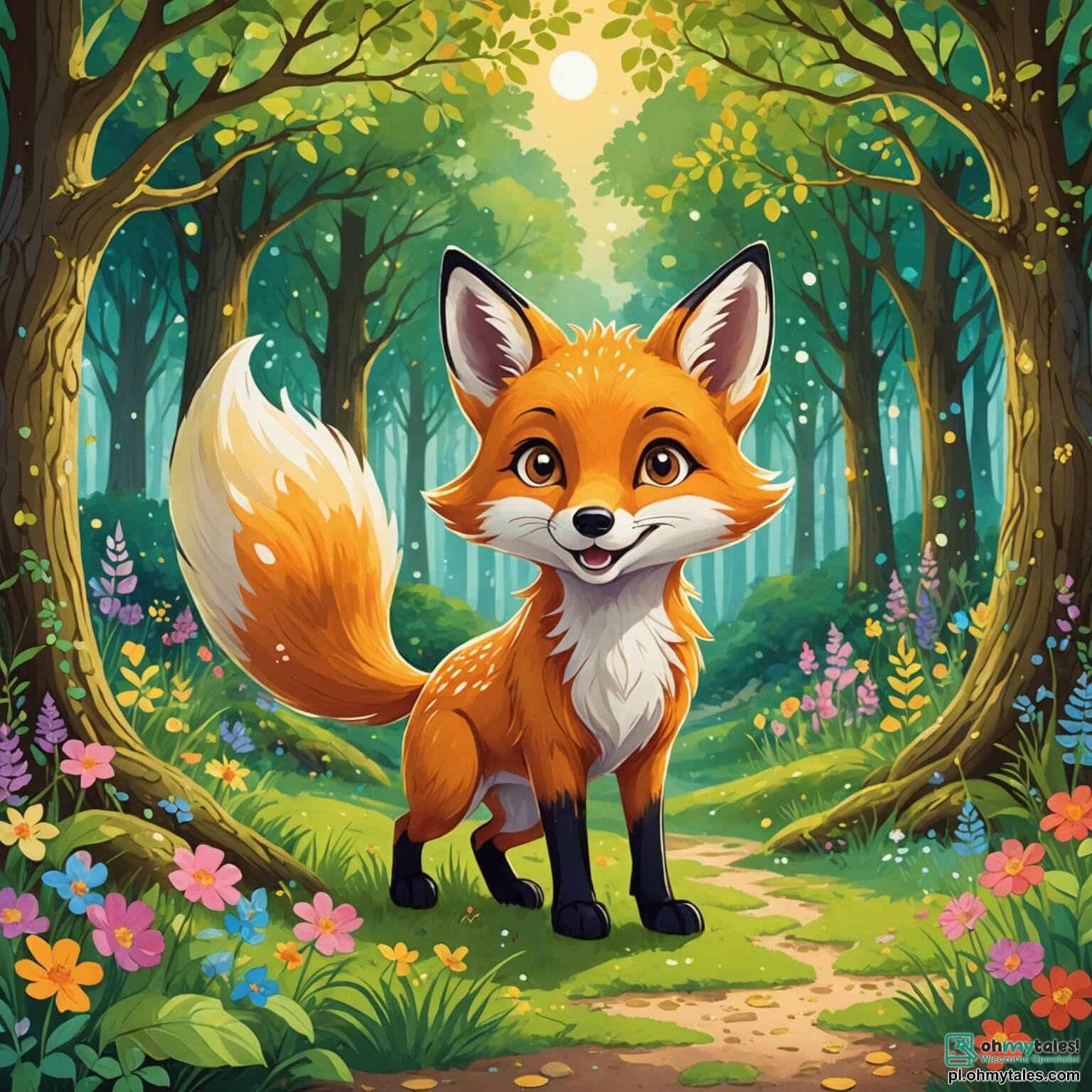 Une illustration destinée aux enfants représentant un renard au pelage doré et brillant, aux yeux pétillants de curiosité, gambadant joyeusement à travers une forêt enchantée où les arbres majestueux, aux troncs noueux et aux feuillages luxuriants, dansent doucement sous la brise légère, tandis que des fleurs colorées, comme des éclats de peinture, parsèment le sol verdoyant, et où ce renard espiègle, accompagné de ses fidèles amis, une svelte et gracieuse biche aux yeux doux et un zélé lapin à la fourrure soyeuse, se lance dans une quête palpitante pour découvrir les secrets cachés de leur monde magique, tout en apprenant la valeur de l’amitié et de la solidarité.