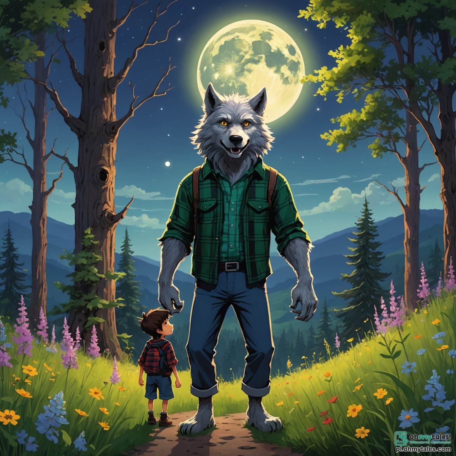 Une illustration destinée aux enfants représentant un loup-garou au pelage argenté, aux yeux lumineux comme des étoiles, se tenant sur une colline verdoyante sous la pleine lune, tandis qu'un jeune garçon curieux, vêtu d'une chemise à carreaux, observe avec émerveillement depuis un bosquet de fleurs sauvages colorées, entouré d'arbres majestueux aux troncs noueux et de lucioles dansant dans l'air frais du crépuscule.