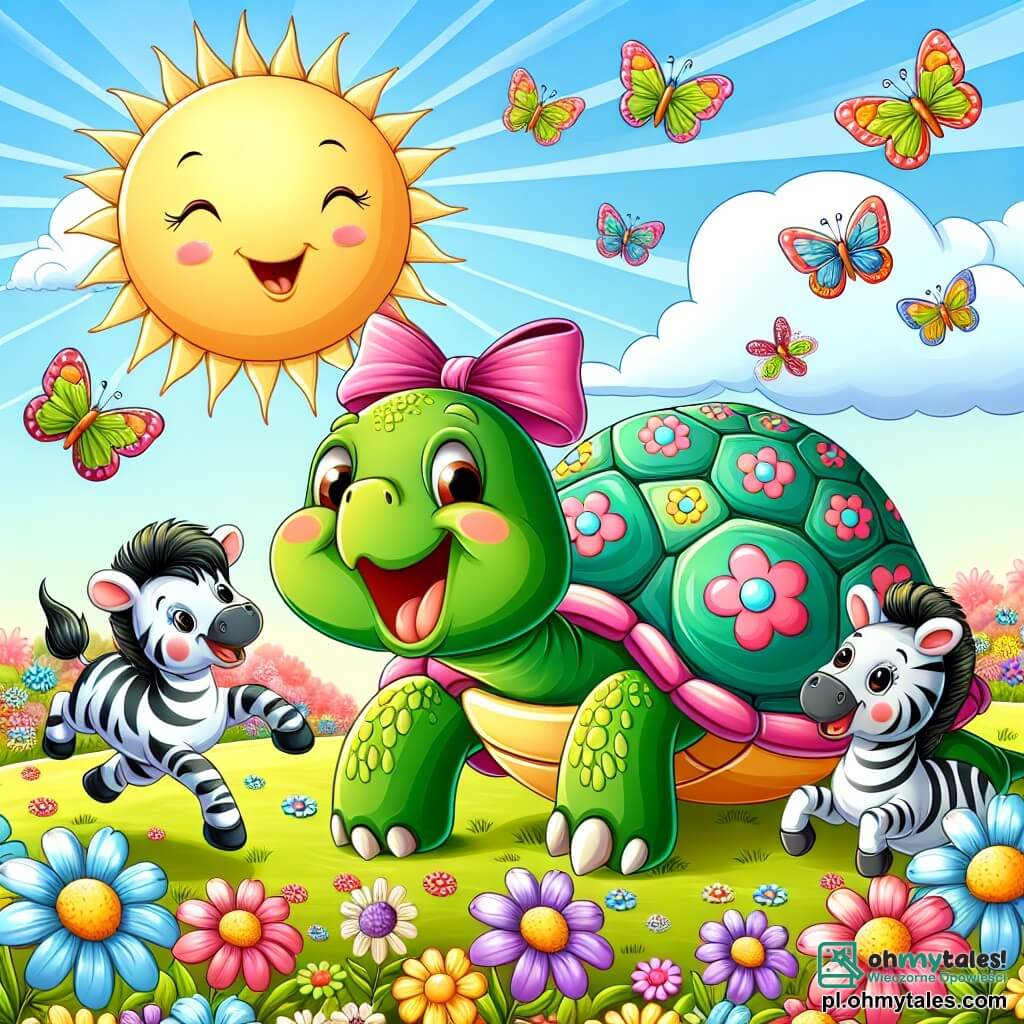 Une illustration sous forme de dessin destinée aux enfants représentant une vaste et colorée łąka ensoleillée, où une tortue au sourire malicieux, avec une carapace verte ornée de motifs éclatants et un grand chapeau à ruban rose, s'apprête à participer à une course amusante, entourée de ses amis : un zèbre aux rayures noires et blanches qui saute de joie et une petite souris curieuse, tous deux impatients de voir qui sera le plus rapide, tandis que des fleurs multicolores et des papillons virevoltent autour d'eux, ajoutant une touche de magie à cette scène joyeuse.