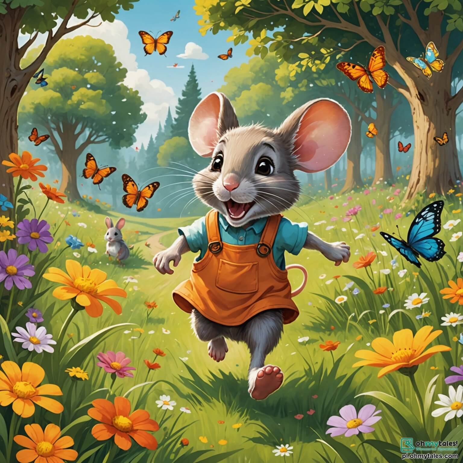 Une illustration destinée aux enfants représentant une petite souris espiègle aux grandes oreilles et au pelage soyeux, courant joyeusement à travers une prairie ensoleillée parsemée de fleurs colorées et de papillons virevoltants, tandis qu'un lapin malicieux, son ami fidèle, l'encourage à participer à une course palpitante pour gagner une énorme carotte, le tout dans un décor enchanteur de verdure luxuriante et d'arbres majestueux.