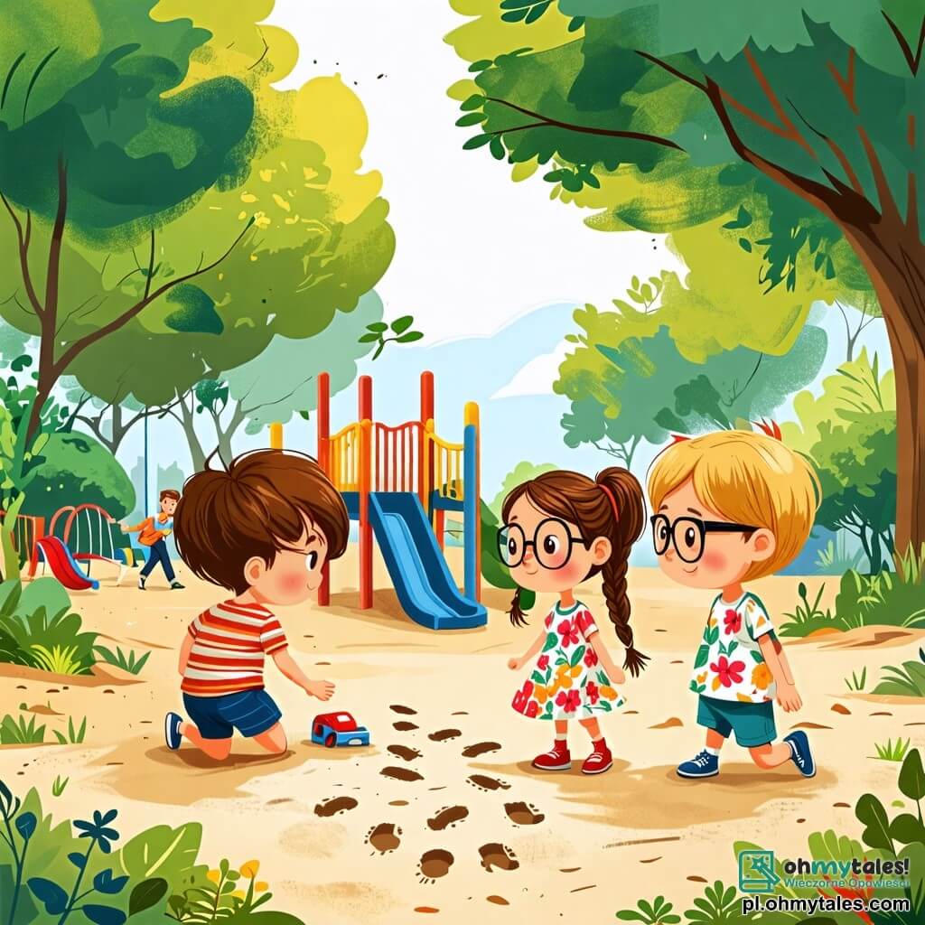 Une illustration sous forme de dessin destinée aux enfants représentant un parc ensoleillé avec des arbres verdoyants et une aire de jeux colorée, où un garçon de 8 ans aux cheveux bruns en bataille, portant un t-shirt rayé et un short, examine attentivement des traces de pas dans le sable, tandis qu'une fille aux cheveux blonds tressés, vêtue d'une robe à fleurs, et un garçon aux lunettes rondes, habillé d'un t-shirt à motifs de dinosaures, l'observent avec curiosité, tous trois déterminés à résoudre le mystère des jouets disparus.