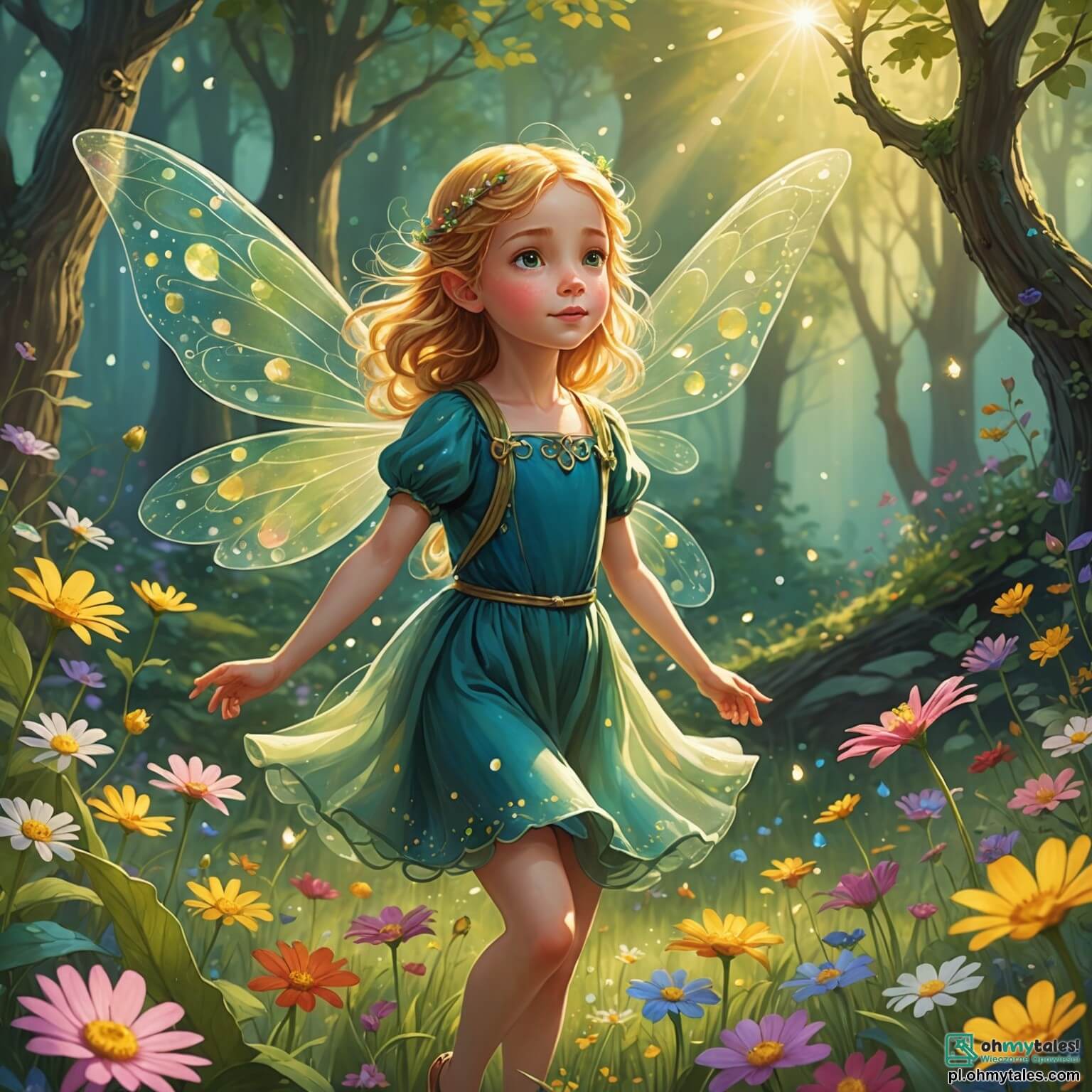 Une illustration destinée aux enfants représentant une petite fée aux ailes scintillantes comme des gouttes de rosée au soleil, flottant gracieusement au-dessus d'une clairière enchantée, entourée de fleurs multicolores qui dansent au rythme d'une brise légère, tandis qu'elle cherche désespérément à retrouver sa famille disparue, aidée par un jeune garçon courageux aux cheveux dorés, qui, avec des yeux pétillants de curiosité, scrute les recoins ombragés d'un vaste et mystérieux forêt où les arbres majestueux, aux troncs noueux et aux feuillages luxuriants, semblent murmurer des secrets anciens et où les rayons de lumière filtrent à travers les branches, créant un spectacle féerique de couleurs et d'ombres.