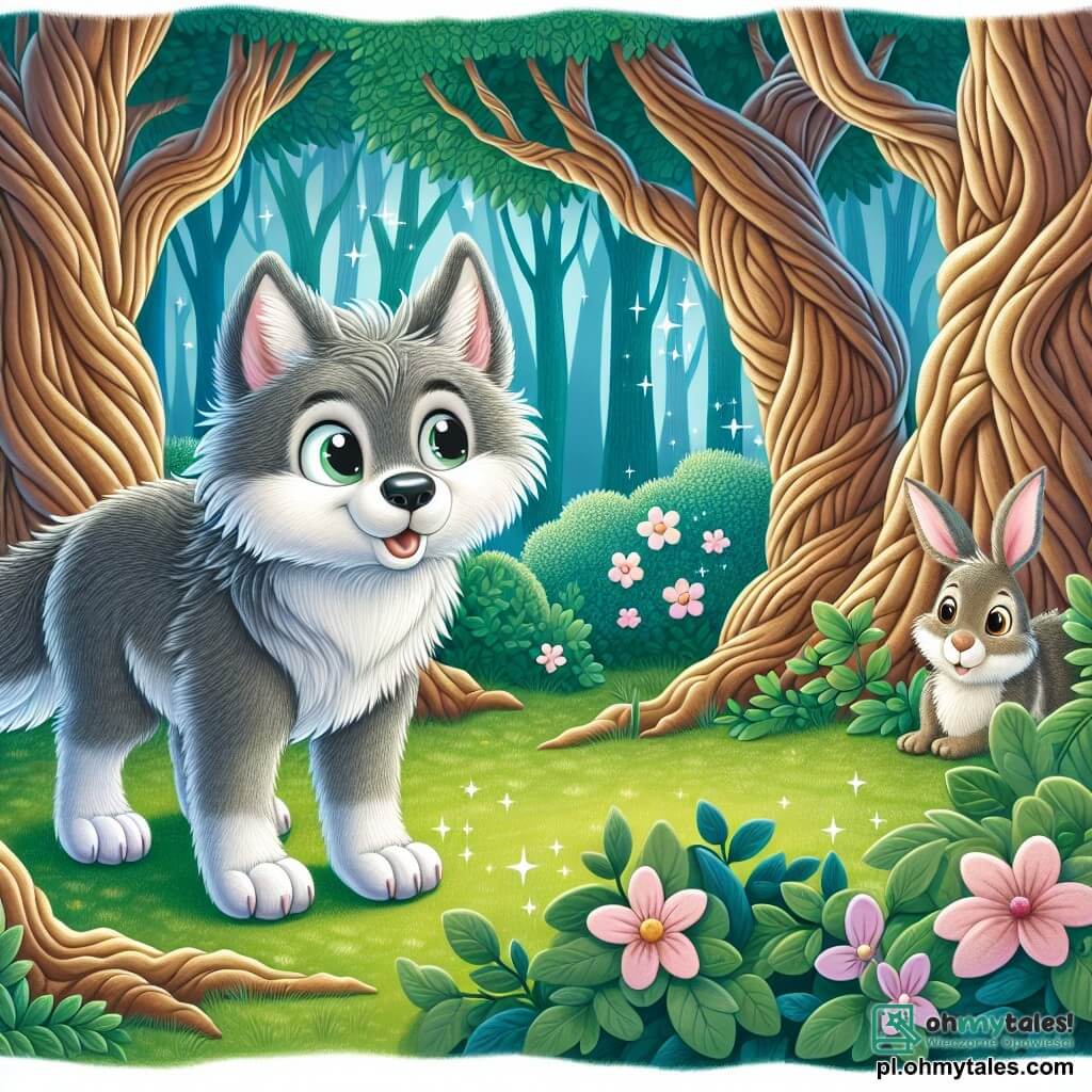Une illustration destinée aux enfants représentant un loup aux yeux pétillants et au pelage argenté, espiègle et curieux, qui se trouve dans une forêt enchantée où les arbres aux troncs noueux s'élèvent comme des géants, leurs feuilles d'un vert éclatant dansent au gré du vent, tandis qu'un petit lapin au pelage soyeux et aux grandes oreilles, timide mais amical, observe la scène depuis derrière un buisson fleuri, prêt à vivre une aventure amusante avec son nouvel ami.