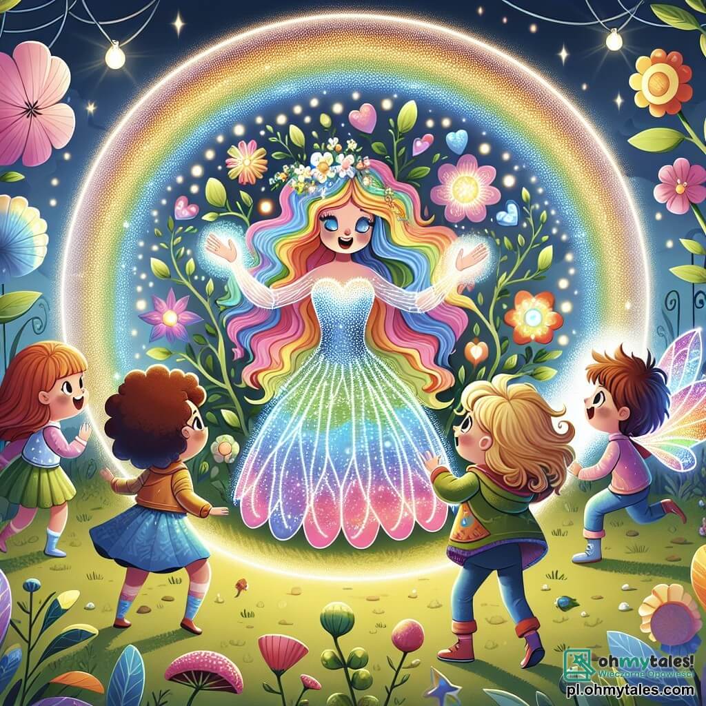 Une illustration sous forme de dessin destinée aux enfants représentant un jardin magique rempli de fleurs colorées et de lumières scintillantes, où une femme aux longs cheveux brillants comme un arc-en-ciel, vêtue d'une robe lumineuse, utilise ses pouvoirs pour créer une immense bulle de lumière protectrice autour d'un groupe d'enfants, dont une petite fille aux cheveux bouclés qui parle aux plantes, un garçon aux yeux pétillants courant avec enthousiasme, et des jumeaux aux ailes colorées survolant la scène, tous unis pour se préparer à affronter une tempête imminente.