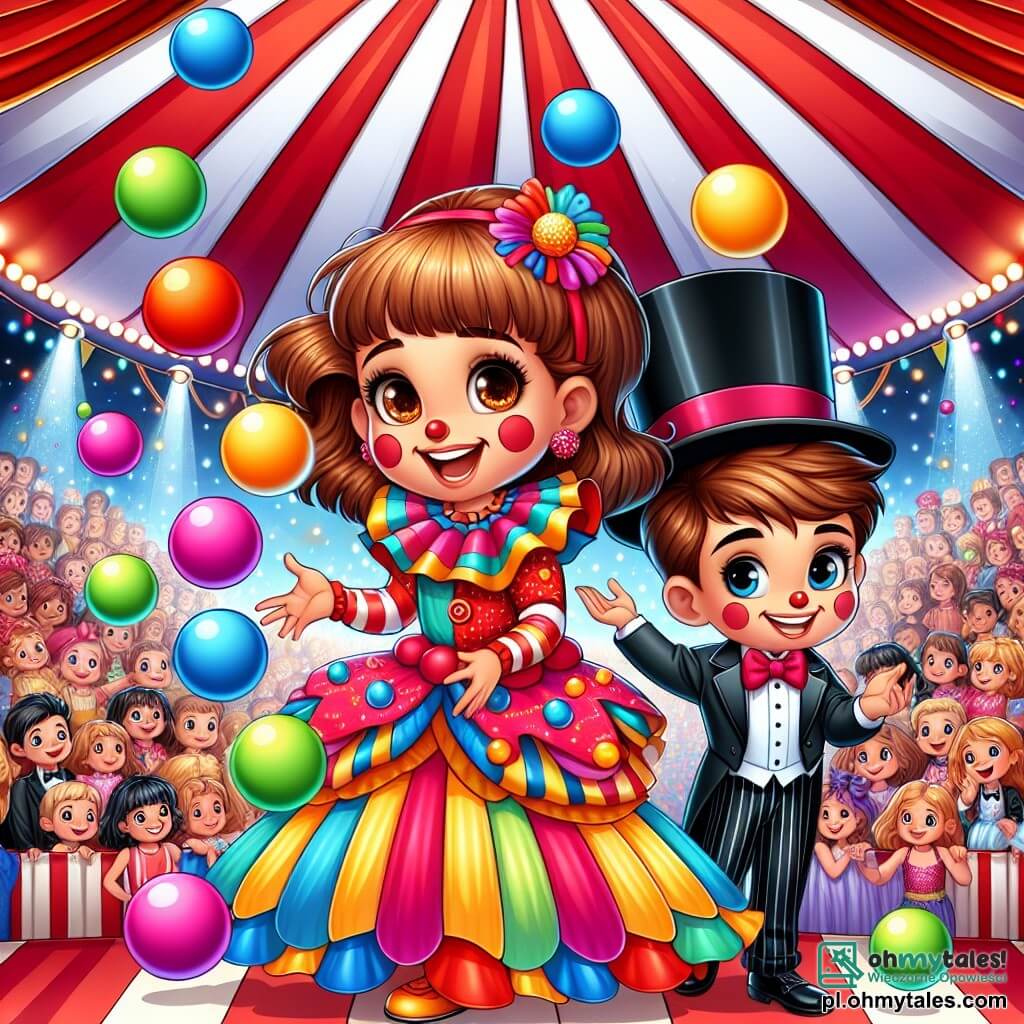 Une illustration sous forme de dessin destinée aux enfants représentant un grand chapiteau de cirque coloré, avec des rayures rouges et blanches, rempli de spectateurs émerveillés, au centre une fille de 7 ans aux cheveux châtains et aux yeux pétillants, portant un costume de clown coloré et jonglant joyeusement avec des balles multicolores, tandis qu'un jeune garçon en frak noir et haut-de-forme, avec un sourire malicieux, exécute des tours de magie à ses côtés, créant une atmosphère de magie et de rires sous le grand chapiteau.