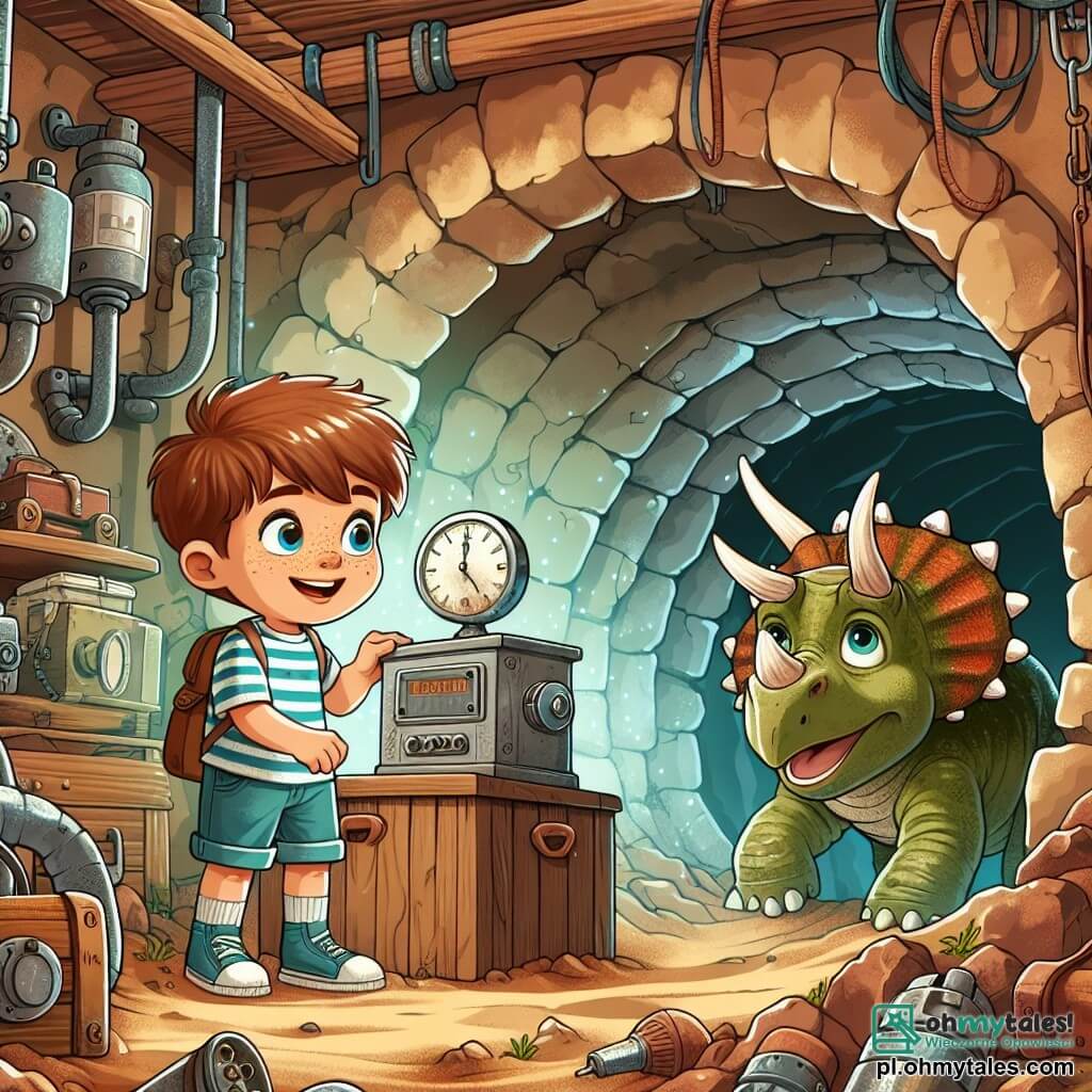 Une illustration sous forme de dessin destinée aux enfants représentant une vieille piwnica poussiéreuse remplie de trésors oubliés, où un garçon de 7 ans aux cheveux châtains et aux yeux pétillants, vêtu d'un t-shirt rayé et d'un short, explore avec émerveillement une mystérieuse machine à voyager dans le temps, tandis qu'un triceratops amical, avec des cornes imposantes et une peau verte, l'observe curieusement depuis l'entrée de la piwnica, créant une atmosphère magique et d'aventure où le garçon s'apprête à vivre une incroyable aventure à travers le temps.