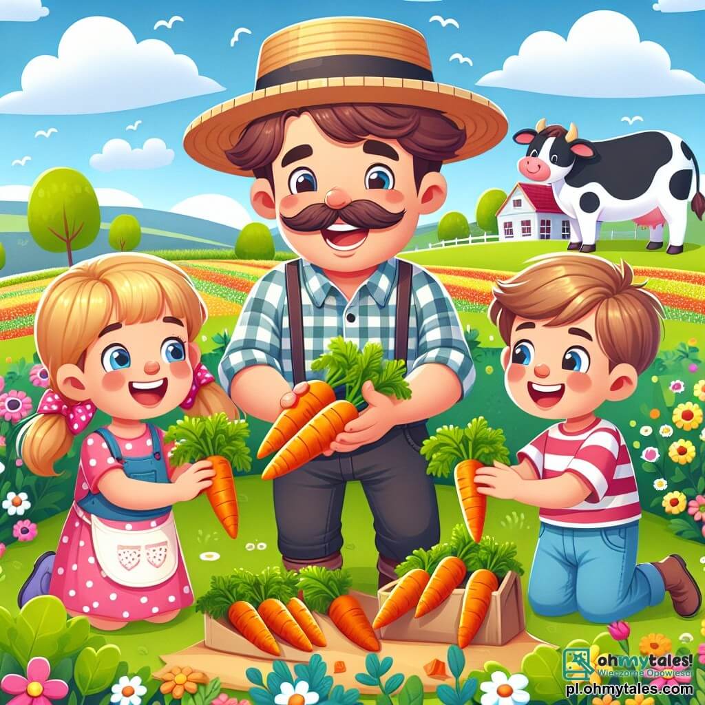 Une illustration sous forme de dessin destinée aux enfants représentant une ferme colorée avec des champs verdoyants et des fleurs éclatantes, où un homme joyeux aux cheveux bruns et à la moustache, vêtu d'une chemise à carreaux et d'un chapeau de paille, montre fièrement des carottes fraîchement récoltées à un groupe de trois enfants, deux garçons aux cheveux blonds et une fille aux cheveux bruns, tous souriants et vêtus de vêtements d'été colorés, tandis qu'une vache blanche et noire paît paisiblement à l'arrière-plan, créant une atmosphère de bonheur et de partage à la campagne.