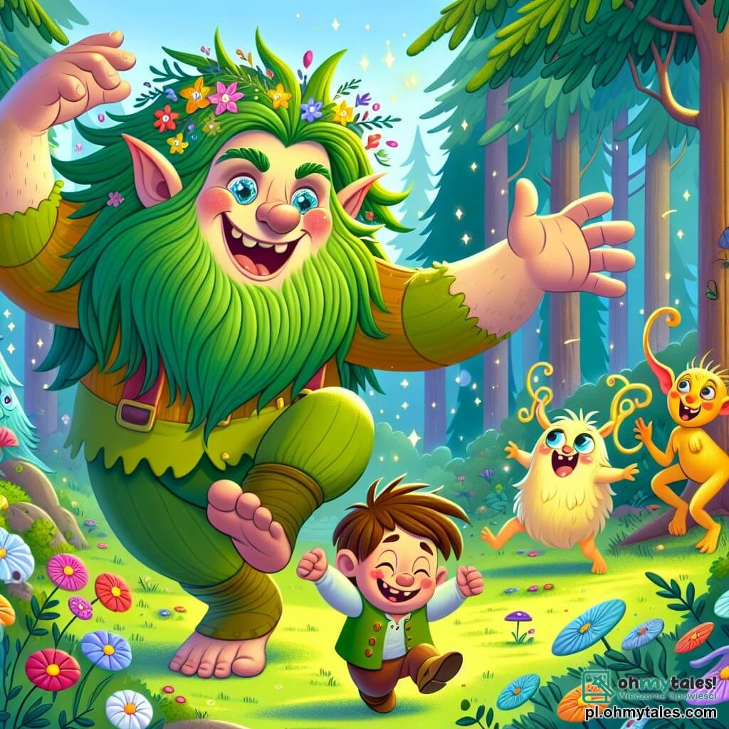 Une illustration sous forme de dessin destinée aux enfants représentant une clairière enchantée dans une forêt colorée, où un géant joyeux aux cheveux verts et aux yeux pétillants danse avec entrain, ses grands bras en mouvement, tandis qu'un petit garçon aux cheveux bruns et un adorable petit être jaune à grandes oreilles l'encouragent en riant, créant une atmosphère de joie et de camaraderie, alors qu'ils essaient de divertir un énorme olbrzym au visage souriant qui les observe avec amusement, entourés de fleurs multicolores et de créatures fantastiques qui dansent autour d'eux.