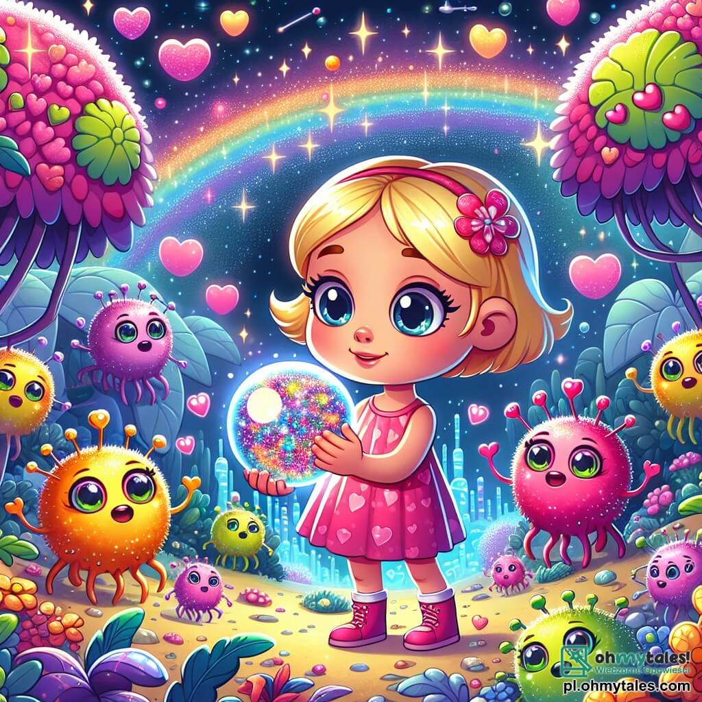 Une illustration sous forme de dessin destinée aux enfants représentant un paysage féerique d'une planète colorée avec des arbres aux feuilles en forme de cœur et des fleurs scintillantes, où une petite fille de 5 ans aux cheveux blonds et aux grands yeux curieux tient une petite boule métallique brillante dans ses mains, entourée de créatures amicales ressemblant à des motiles aux couleurs vives, qui dansent joyeusement autour d'elle, illustrant le moment magique où elle découvre un monde extraterrestre plein d'aventures et d'amitié.