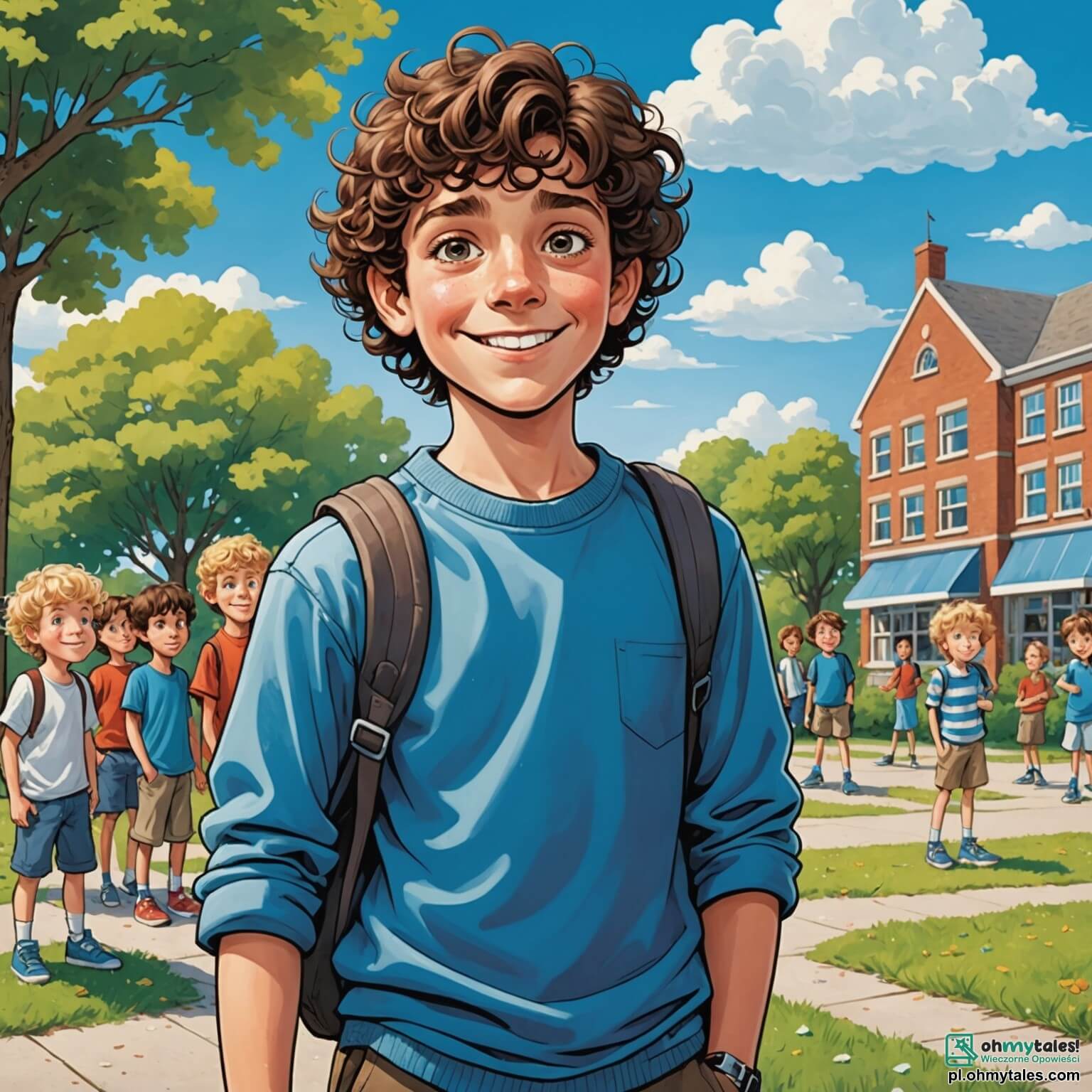 Une illustration destinée aux enfants représentant un garçon de 10 ans aux cheveux bruns et bouclés, avec de grands yeux curieux et un sourire timide, se tenant dans une cour d'école animée, où des enfants rient et jouent au ballon sous un ciel bleu parsemé de nuages blancs, tandis qu'il se retrouve isolé et malheureux face à un groupe de camarades, dont un garçon aux cheveux blonds et aux traits moqueurs, qui le harcèle en se moquant de ses talents de dessinateur, tandis qu'une fille aux cheveux longs et châtains, au regard compatissant, observe la scène, se tenant près d'un arbre majestueux dont les feuilles dansent doucement au gré du vent, créant un contraste entre la joie des autres enfants et la tristesse du garçon, qui rêve de partager ses dessins et de se faire des amis.