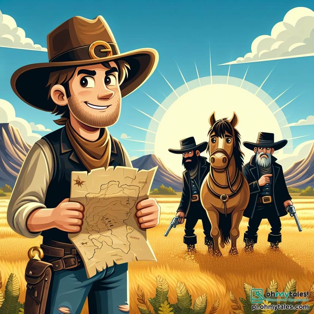Une illustration sous forme de dessin destinée aux enfants représentant un vaste paysage de prairie dorée sous un ciel bleu éclatant, avec un homme courageux au sourire chaleureux, portant un grand chapeau de cowboy et des bottes usées, tenant une carte dans une main et un vieux cheval brun nommé Błyskawica à ses côtés, tandis que trois bandits aux visages sournois, vêtus de vêtements sombres et de chapeaux à larges bords, se tiennent en arrière-plan, observant avec méfiance, alors que le cowboy se prépare à découvrir un trésor caché dans la mystérieuse montagne au loin.