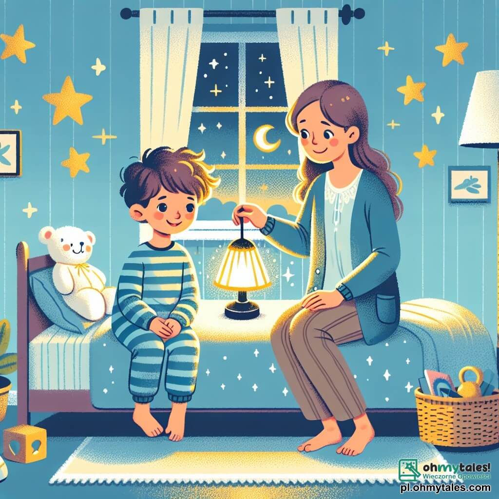 Ilustracja przedstawiająca przytulny pokój dziecięcy, z niebieskimi ścianami w pastelowych odcieniach i złotymi gwiazdami migoczącymi na suficie. W centrum, mały chłopiec w wieku około 5 lat, z potarganymi brązowymi włosami i błyszczącymi oczami, siedzi na swoim łóżku. Ma na sobie niebiesko-białą w paski piżamę i trzyma małą lampkę nocną, która emituje delikatne, złote światło. Obok niego stoi jego mama, łagodna kobieta z długimi, brązowymi włosami, która uśmiecha się ciepło. Ubrana jest w wygodny sweter i bawełnowe spodnie. Scena emanuje poczuciem komfortu, z zabawkami rozsypanymi po podłodze i pluszowym misiem przytulonym do chłopca. Światło lampki oświetla pokój, przepędzając niepokojące cienie, podczas gdy chłopiec, uspokojony, patrzy na swoją mamę z uspokajającym uśmiechem.