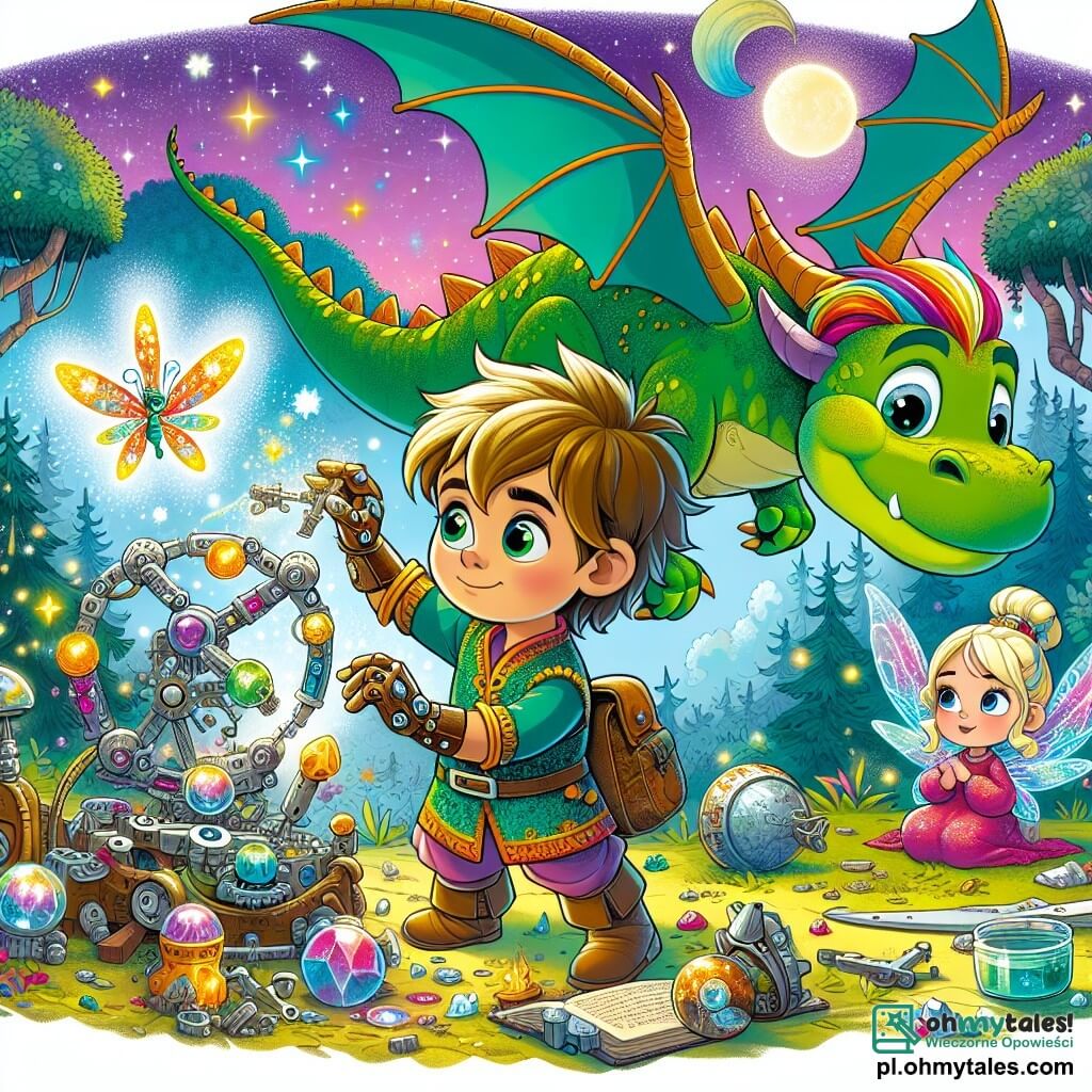 Une illustration sous forme de dessin destinée aux enfants représentant une forêt enchantée sur la planète Zarkon, où un garçon de 7 ans aux cheveux ébouriffés et aux yeux pétillants, vêtu d'une tunique colorée, est en train de construire une machine volante avec des pièces brillantes et des cristaux scintillants, tandis qu'une petite wróżka aux ailes iridescentes et à la robe faite de pétales de fleurs l'observe avec un sourire encourageant, alors qu'un grand dragon aux écailles vertes et aux yeux sages survole la scène, ajoutant une touche magique à cette aventure pleine de découvertes et de rêves.