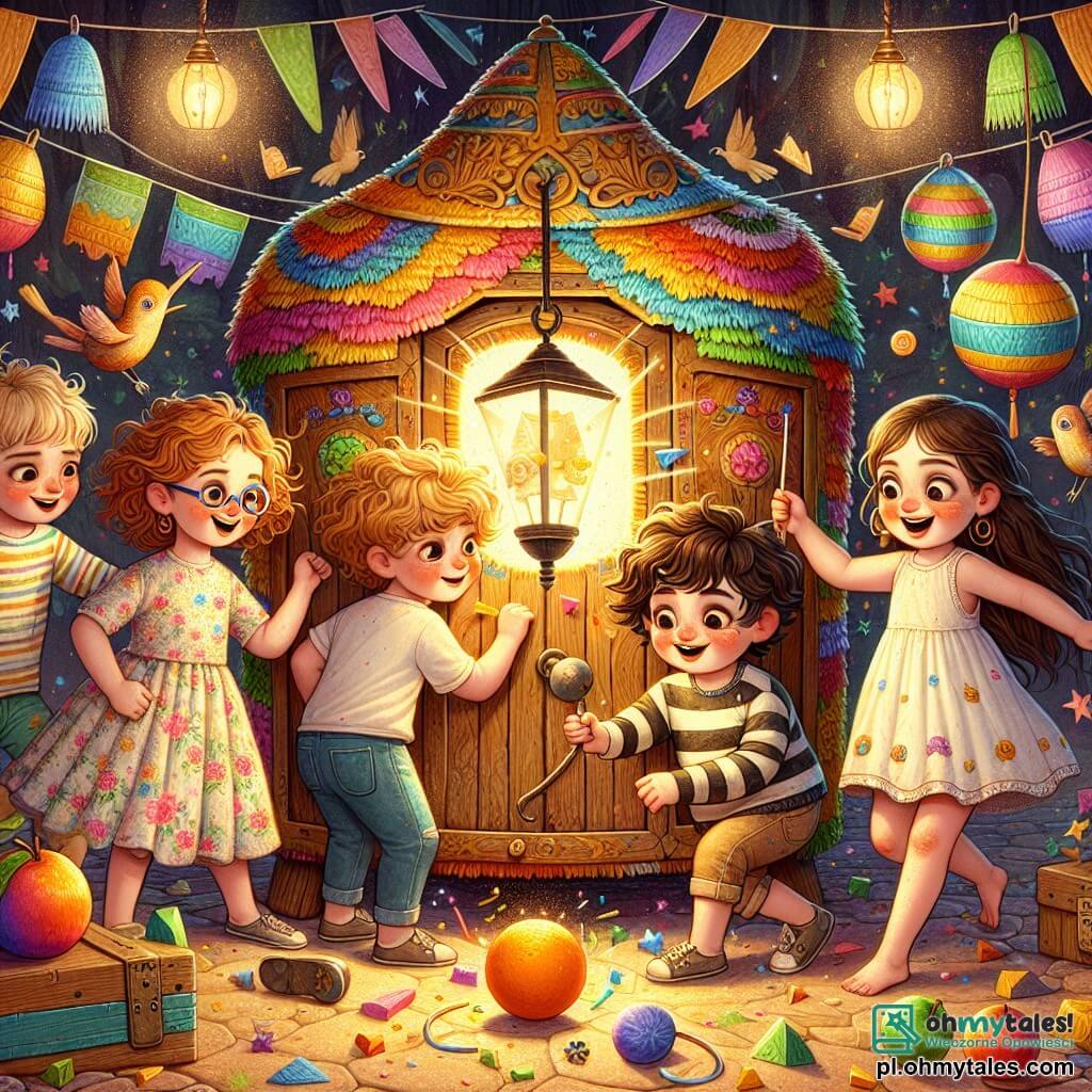 Ilustracja przedstawiająca magiczną scenę w starej drewnianej piñacie, wypełnionej żywymi kolorami i fantazyjnymi wzorami. Wewnątrz, czterech sześcioletnich dzieci, dwie dziewczynki i dwóch chłopców, zebrało się wokół starej, zakurzonej szafy ozdobionej złotymi wzorami. Pierwsza dziewczynka, z kręconymi włosami i okrągłymi okularami, ma na sobie kwiecistą sukienkę i z zachwytem patrzy na małą, starą lampkę, którą trzyma w dłoniach. Drugi chłopiec, z rozczochranymi brązowymi włosami i w pasiaku, kuca, próbując złapać pomarańczę, która skacze wokół niego, głośno się śmiejąc. Druga dziewczynka, z długimi, gładkimi włosami, radośnie tańczy, nosząc kolorowy kapelusz, który zmienia kształt. Na końcu, ostatni chłopiec, w okularach przeciwsłonecznych i z figlarnym uśmiechem, stara się złapać uciekającą pomarańczę, dodając humoru do sceny. W tle, drzewa o wielokolorowych liściach i śpiewające ptaki tworzą zaczarowaną atmosferę. Iskrzące światło magiczne oświetla scenę, podczas gdy jabłonie z musującymi owocami dodają odrobinę fantazji. Całość emanuje radosną i zabawną atmosferą, uchwycając ducha przygody i przyjaźni dzieci.