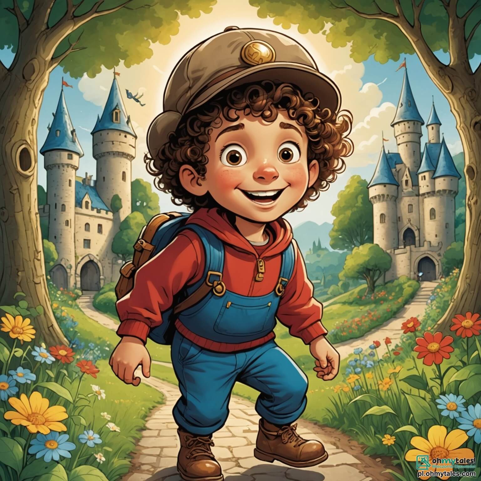 Une illustration destinée aux enfants représentant un petit garçon aux cheveux bouclés et à la casquette trop grande, qui, avec un sourire espiègle illuminant son visage, se lance dans une quête pleine de magie et d'aventures à la recherche d'un trésor fantastique dans un jardin enchanté, où les fleurs dansent au rythme du vent et les arbres, hauts comme des châteaux, murmurent des secrets, tout en étant accompagné d'un drôle de petit stworek aux yeux ronds et d'un joyeux dragon rose qui, ensemble, créent une atmosphère de rires et de surprises dans ce monde coloré et féerique.
