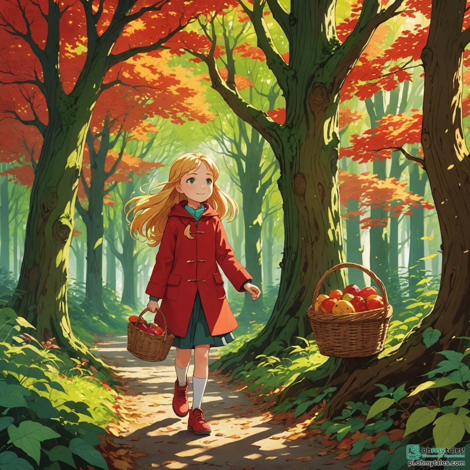 Une illustration destinée aux enfants représentant une jeune fille aux cheveux dorés, vêtue d'un manteau rouge éclatant qui scintille sous les rayons du soleil, se dirigeant avec détermination à travers une forêt enchantée où les arbres majestueux, aux troncs noueux et aux feuilles vibrantes de mille nuances de vert, forment un toit naturel, tandis qu'elle porte un panier rempli de délicieuses friandises pour sa grand-mère, une dame âgée au sourire chaleureux et aux cheveux argentés, qui vit dans une charmante maisonnette en bois ornée de fleurs colorées, tout en croisant le chemin d'un loup rusé, à la fourrure grise et aux yeux malicieux, qui se cache derrière un buisson fleuri, prêt à semer la confusion dans cette aventure pleine de rebondissements.
