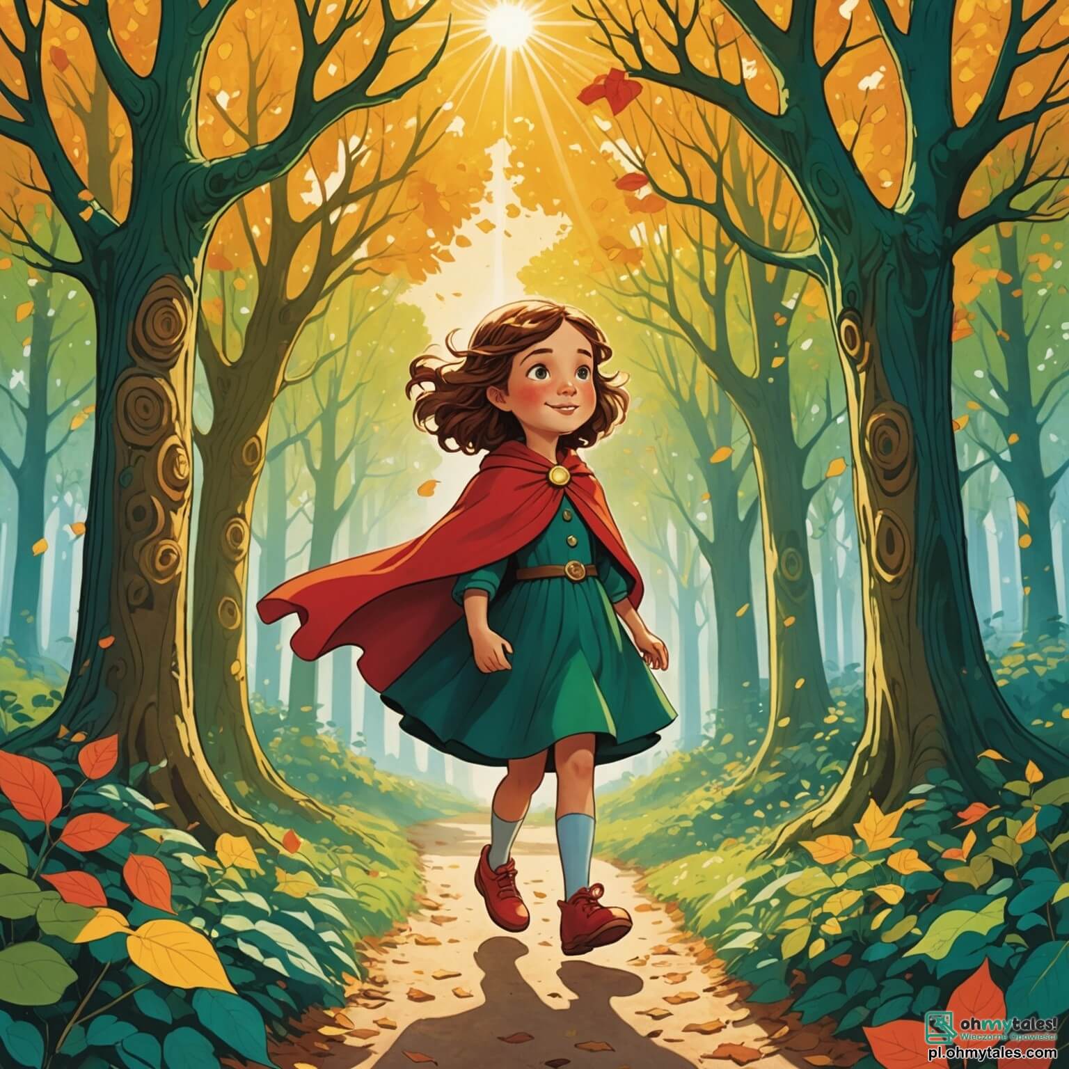 Une illustration destinée aux enfants représentant une petite fille au visage pétillant, vêtue d'une cape rouge éclatante qui scintille sous les rayons dorés du soleil, se frayant un chemin à travers une forêt enchantée où les arbres majestueux aux troncs noueux s'élèvent vers le ciel azur, leurs feuilles vert émeraude dansant doucement au gré du vent, tandis qu'elle se dirige avec détermination vers la maison de sa grand-mère, une dame âgée au sourire chaleureux, cachée derrière des murs de briques roses ornés de lierre grimpant, tout en croisant sur son chemin un loup rusé, à la fourrure grise et aux yeux malicieux, qui l'observe avec une curiosité intrigante, prêt à mettre en œuvre ses plans sournois.
