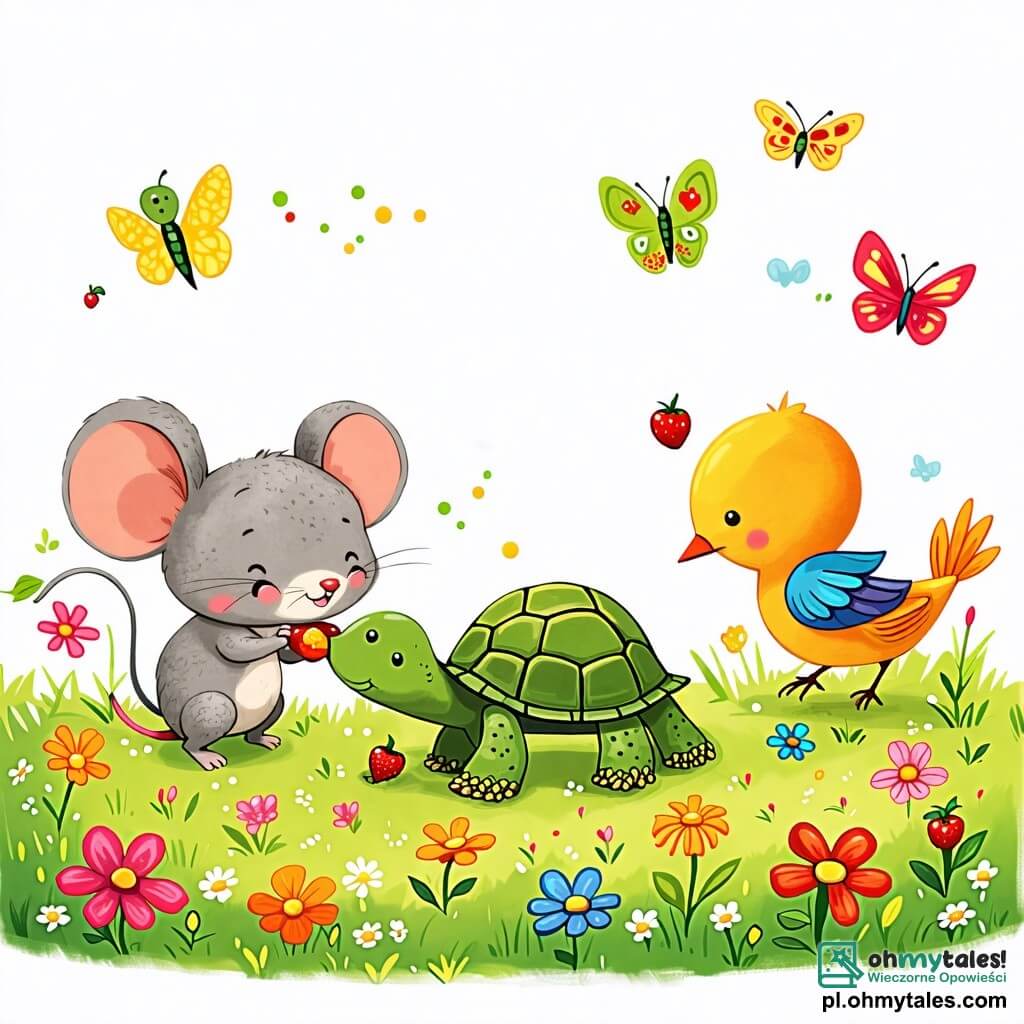 Une illustration sous forme de dessin destinée aux enfants représentant une charmante łąkę verdoyante parsemée de fleurs colorées, où une petite souris aux grandes oreilles et à la fourrure grise, joyeusement en train de ramasser des graines, est entourée d'un żółw o powolnym kroku, o zielonym pancerzu, który zbiera liście, oraz kolorowym ptakiem o jasnych piórach, który przynosi owoce, wszyscy razem współpracujący, aby zebrać pyszny posiłek w radosnej atmosferze przyjaźni.