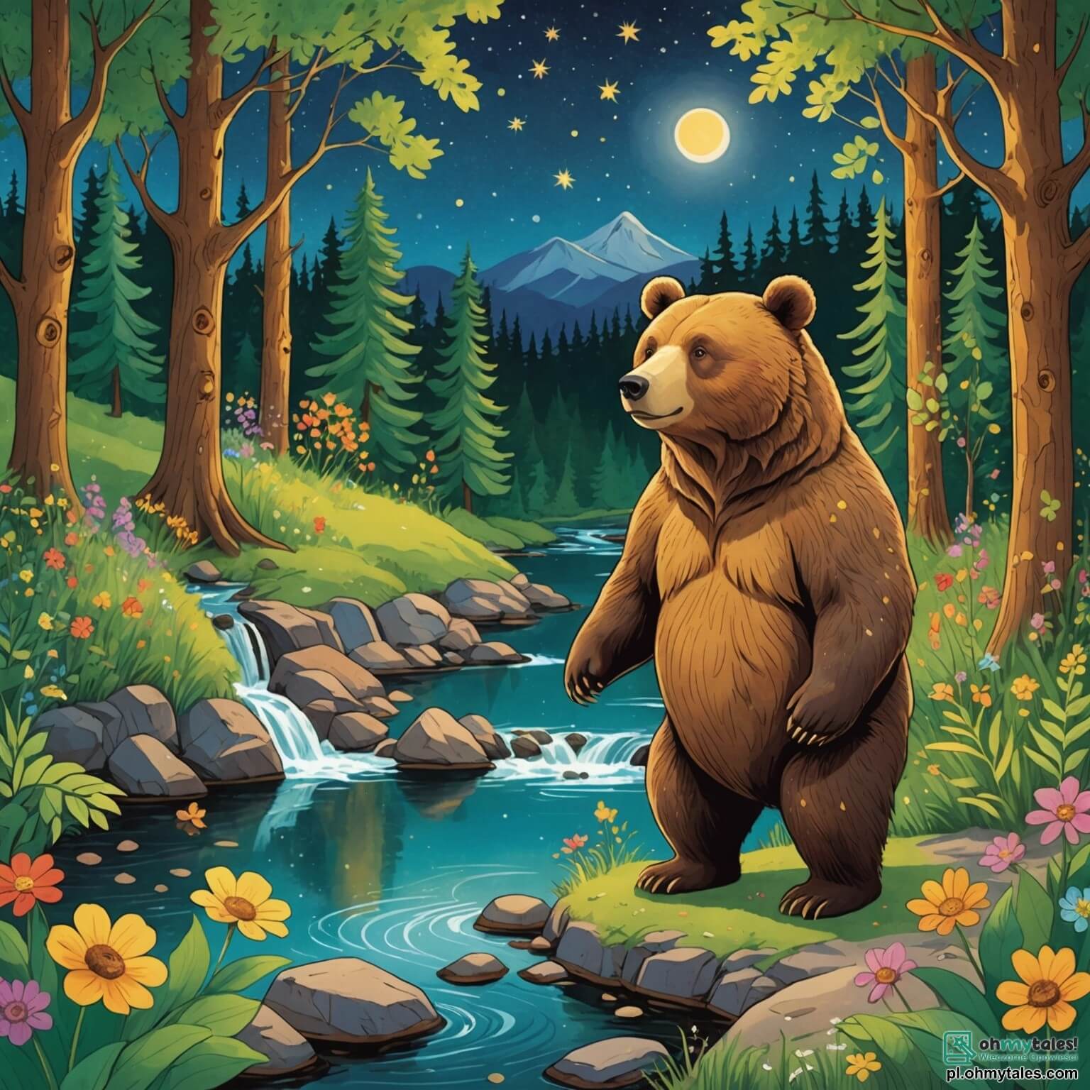 Une illustration destinée aux enfants représentant un grand ours au pelage brun doré, aux yeux pétillants de curiosité et au sourire chaleureux, se tenant au bord d'un scintillant ruisseau serpentant à travers une forêt enchantée, où les arbres majestueux aux feuilles d'un vert éclatant dansent doucement sous la brise, tandis que des fleurs colorées parsèment le sol comme des étoiles sur un ciel nocturne, et où l'ours, entouré de ses fidèles amis, un petit lapin aux grandes oreilles et une sage chouette perchée sur une branche, se prépare à vivre une aventure palpitante pour aider une petite souris perdue à retrouver son chemin vers son doux foyer.