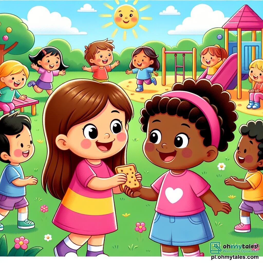 Une illustration sous forme de dessin destinée aux enfants représentant un parc ensoleillé avec des jeux colorés, où une petite fille de 5 ans aux longs cheveux bruns et à la peau claire, souriante, est en train de partager des biscuits avec une nouvelle amie, une fille de 5 ans aux cheveux noirs et à la peau foncée, vêtue d'un t-shirt rose, tandis qu'un groupe d'enfants de différentes origines les entoure, tous riant et jouant ensemble, illustrant ainsi la beauté de l'amitié et de la diversité culturelle.