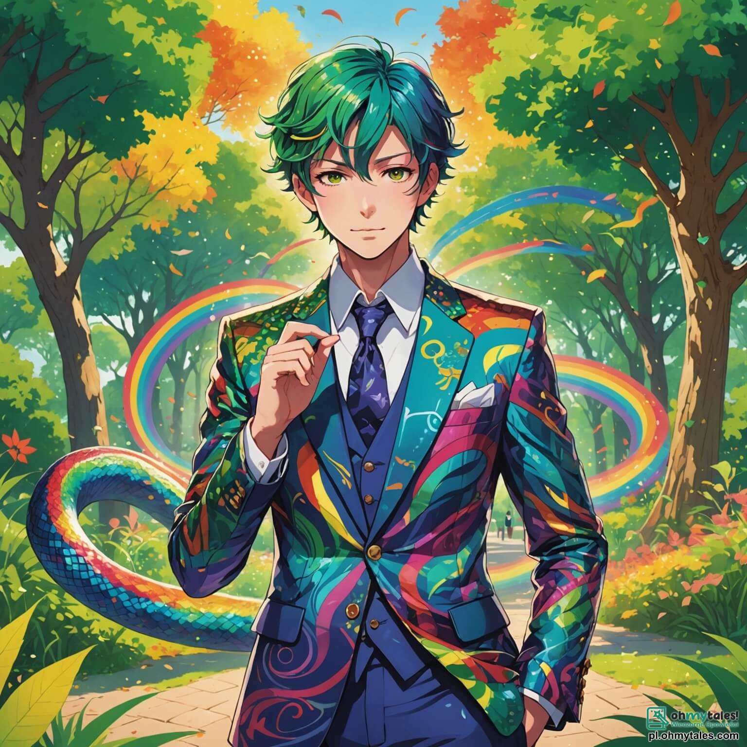Une illustration destinée aux enfants représentant un homme aux cheveux flamboyants comme un arc-en-ciel, vêtu d'un costume chatoyant orné de motifs colorés, se tenant courageusement au centre d'un parc vibrant de vie, où des arbres aux feuilles éclatantes dansent sous le doux soleil, tandis qu'à ses côtés, un petit serpent malicieux, à la peau verte et aux yeux pétillants, joue des mélodies envoûtantes, alors qu'ensemble, ils se préparent à affronter un sorcier maléfique, enveloppé dans une sombre cape, dont les yeux rouges brillent d'une lueur menaçante, dans le mystérieux et inquiétant Bois des Ombres, où les ombres des arbres semblent murmurer des secrets et où l'air est chargé d'une tension palpable.