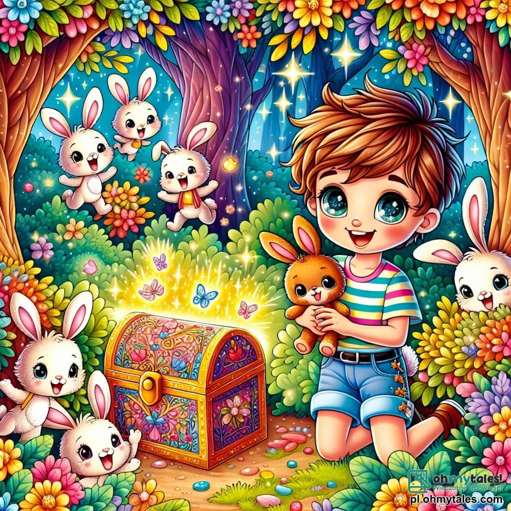 Une illustration sous forme de dessin destinée aux enfants représentant un parc magique aux couleurs vives, avec des arbres aux feuilles scintillantes et des fleurs multicolores, où un garçon de 9 ans aux cheveux châtains et aux yeux pétillants, portant un t-shirt rayé et un short, tient dans ses bras un petit ours en peluche, tandis qu'il est entouré de joyeux lapins aux grandes oreilles, tous en train de rire et de danser, alors qu'ils découvrent une mystérieuse boîte brillante cachée dans les buissons, symbolisant le début d'une aventure enchantée.