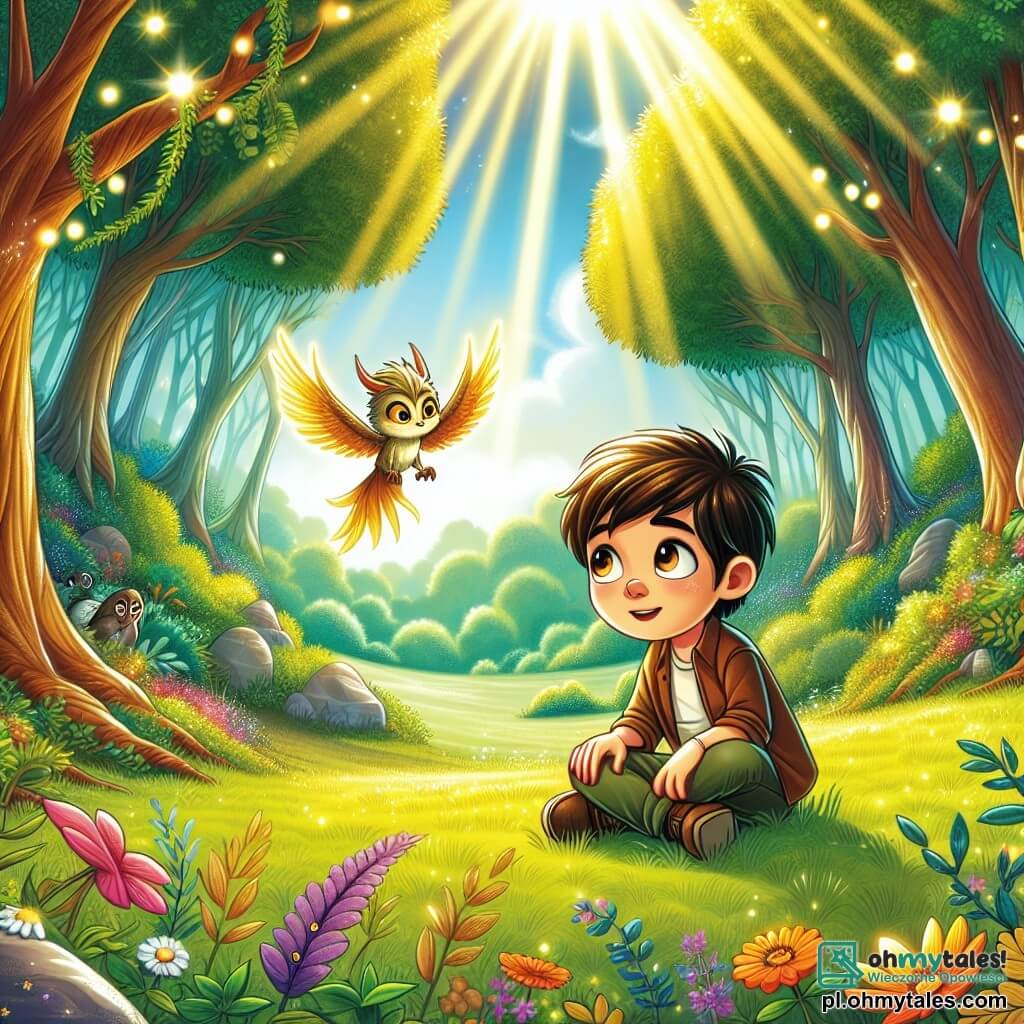 Une illustration sous forme de dessin destinée aux enfants représentant une clairière ensoleillée au cœur d'un mystérieux et verdoyant forêt, où un garçon de 11 ans aux cheveux châtains et aux yeux pétillants, assis sur l'herbe, regarde avec émerveillement un petit motile aux ailes dorées qui vole autour de lui, tandis qu'en arrière-plan, des arbres majestueux et des fleurs colorées créent une atmosphère magique; la scène capture le moment où le garçon, curieux et intrépide, se prépare à écouter les sages conseils du motile, symbole de la découverte de soi et de la philosophie de la vie.